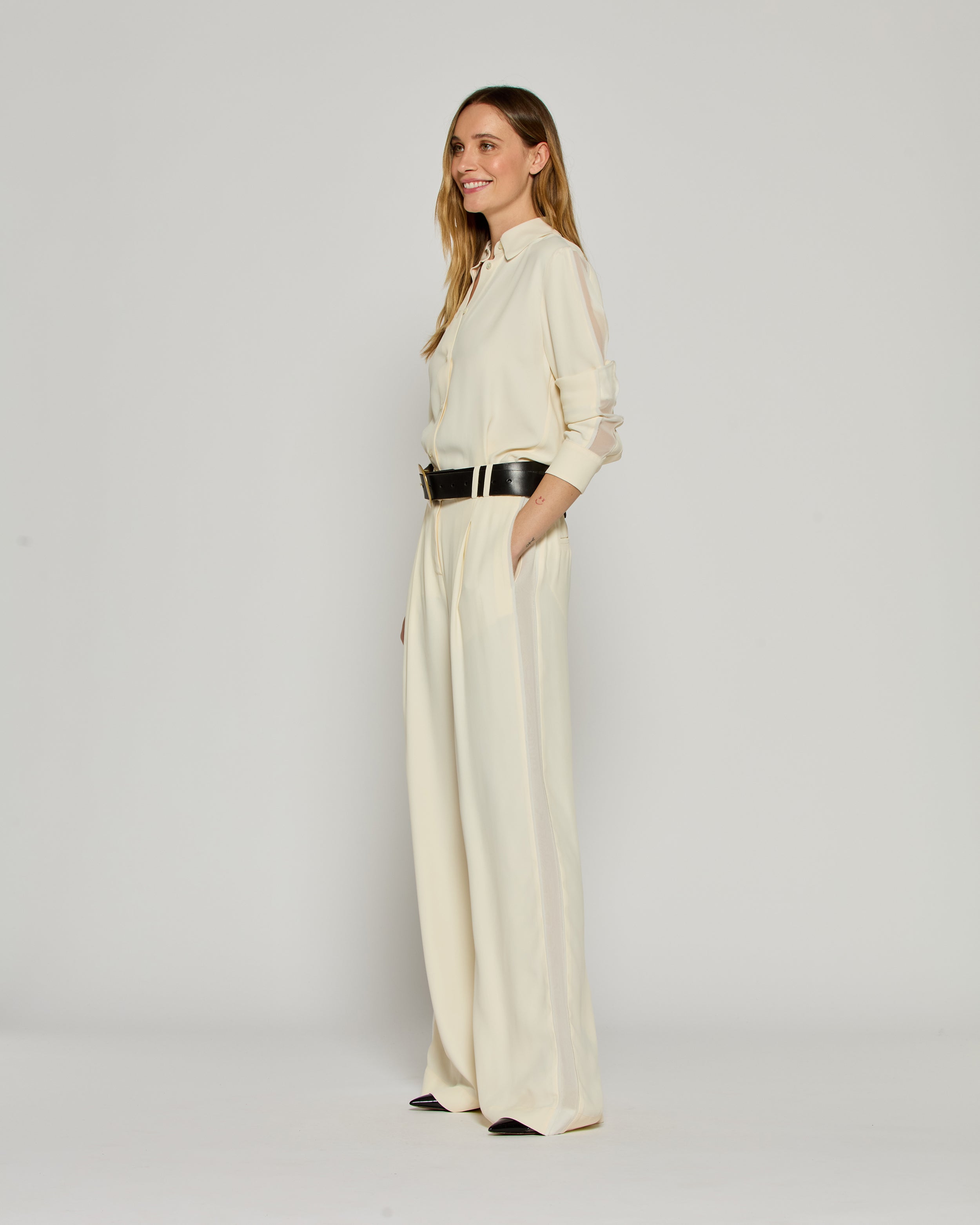 Serena Women's Dress Pants with Georgette Trim - Cream Color | Office Wear, Business Attire & Formal Occasions