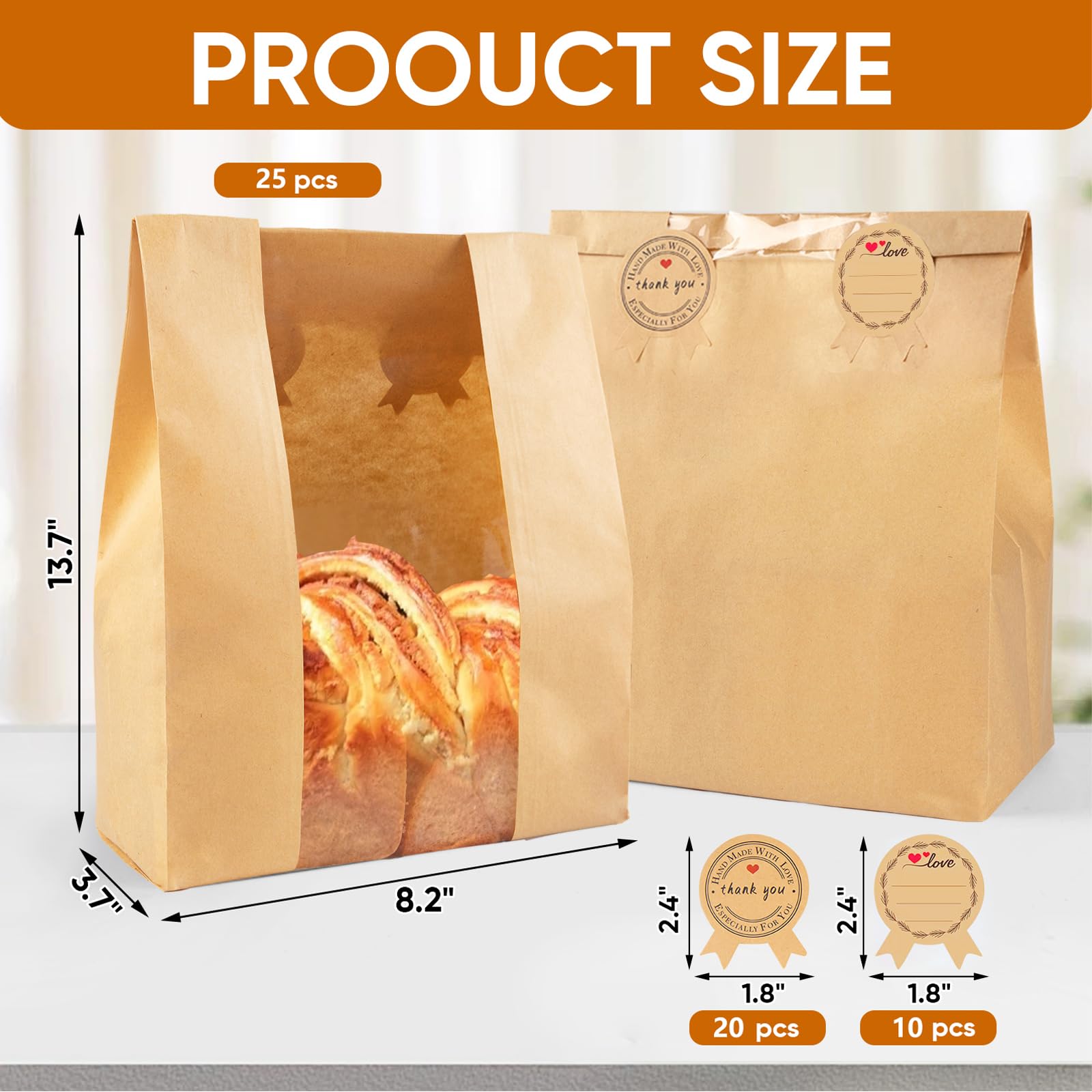 KEQ 50-Pack Large Paper Bread Bags with Window for Homemade Sourdough - Includes 60 Cute Sealing Stickers (10 Write-On) - Perfect for Home Bakers & Bakery Owners - Ideal for Fresh Bread Storage, Gift Packaging & Farmers Market Sales