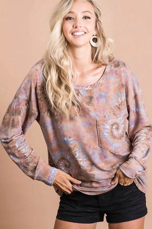 BiBi Tie Dye Print Terry Cotton Top with Front Patch Pocket - Women's Casual Loungewear for Summer & Beach