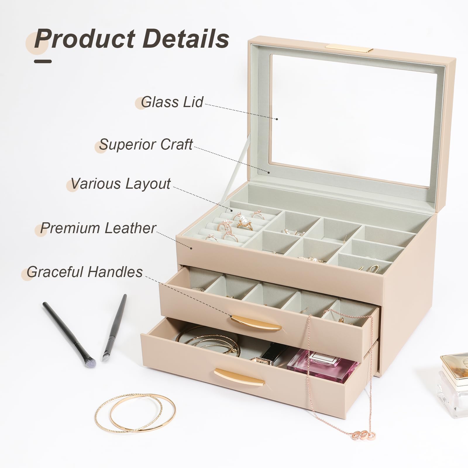 3-Tier Leather Jewelry Organizer Box with 2 Drawers - Large Capacity Jewelry Storage for Women & Girls (Apricot) | Perfect for Bedroom Vanity, Travel & Gift Giving