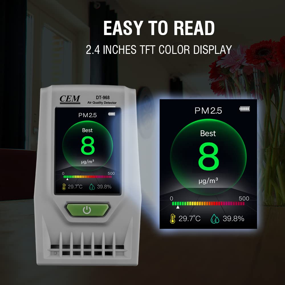 **CEM Air Quality Monitor - Accurate PM2.5 PM10 Detector with Humidity & Temperature Sensor | Real-Time Data & Mean Value Recording | Ideal for Indoor Air Quality Testing, Home, Office & School**