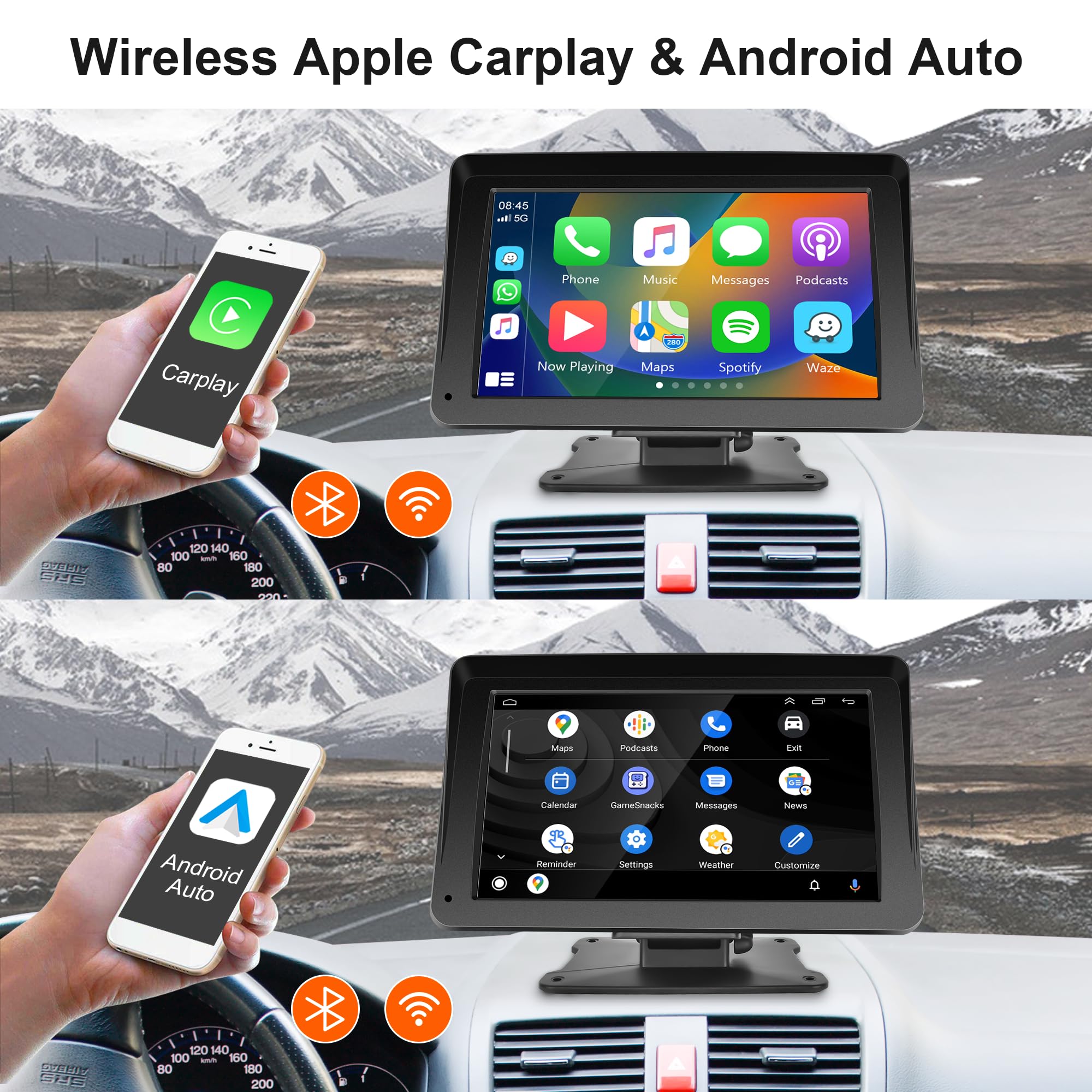Rimoody 7 Inch Portable Car Stereo with Wireless Apple CarPlay & Android Auto - Touchscreen Bluetooth FM Transmitter, Mirror Link, Dash Mount | Perfect for Road Trips, Commuting & Hands-Free Driving