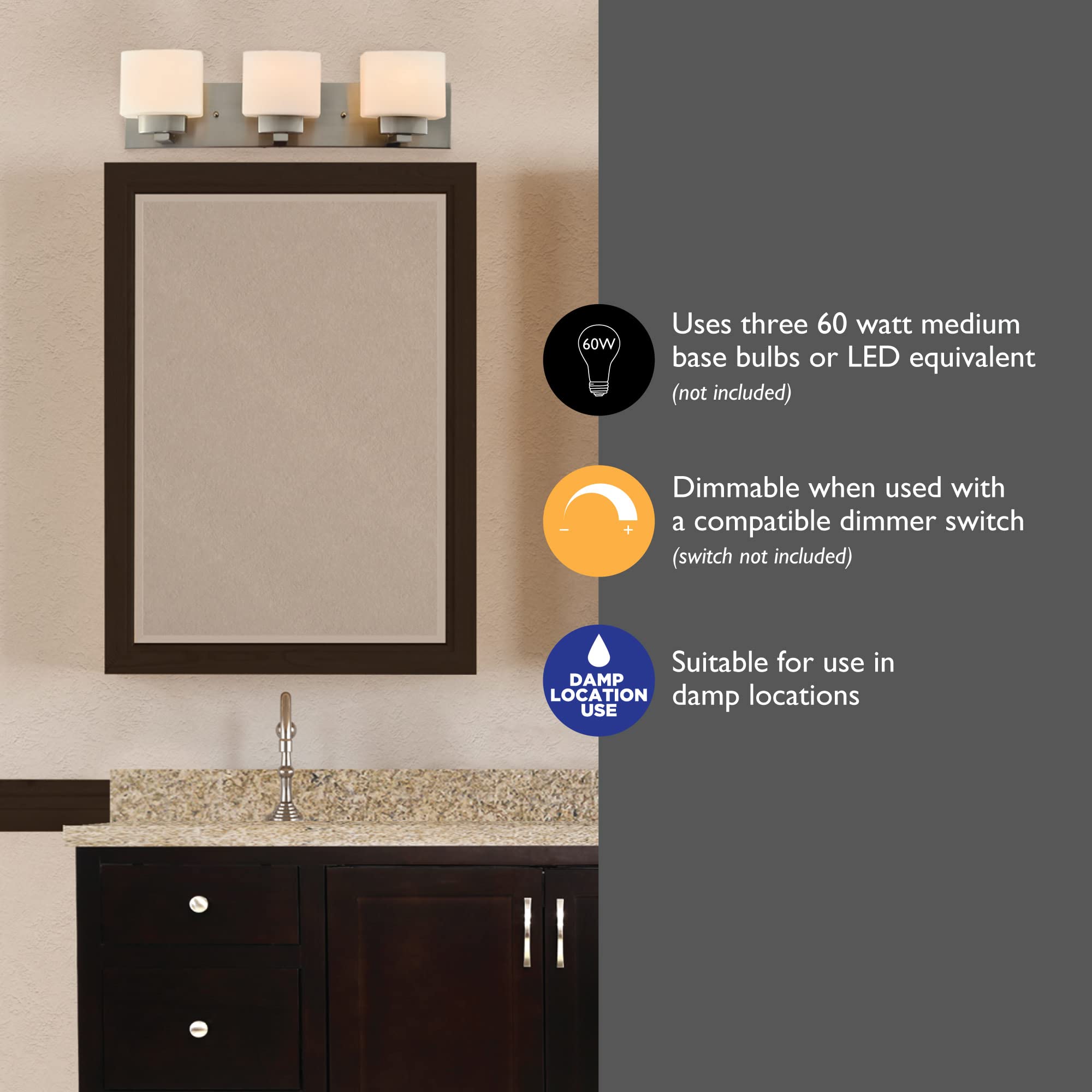 Dimmable Dove Creek Vanity Light with Frosted Glass - 3-Light Bathroom Mirror Fixture in Satin Nickel | Perfect for Modern Bathroom Lighting & Makeup Vanity Areas