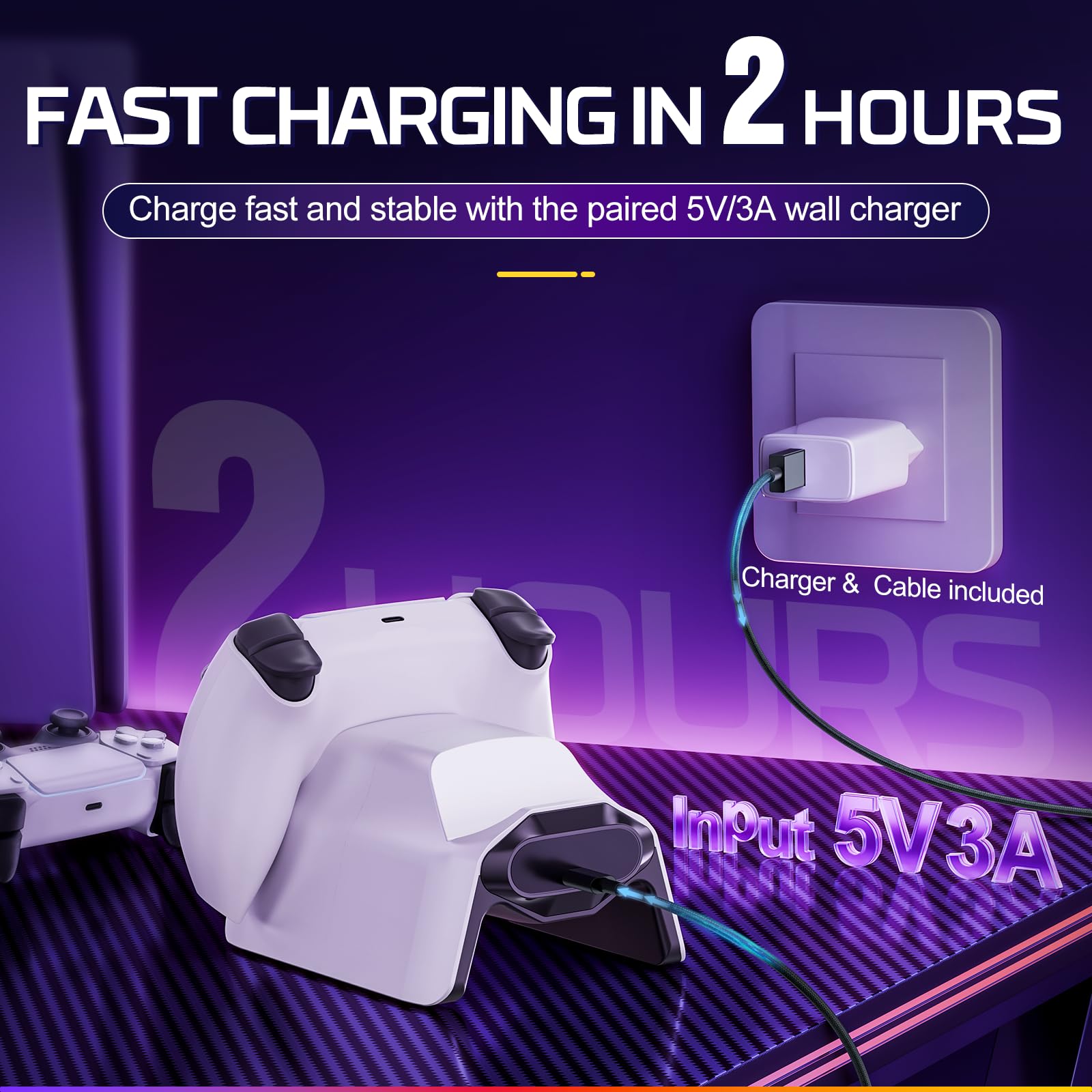 2024 New PS5 Controller Charger - 2H Fast Charging Station with LED Indicator & Individual Plugs/Cables for DualSense Playstation 5 Controllers | Perfect for Gaming Setup & Multiplayer Sessions