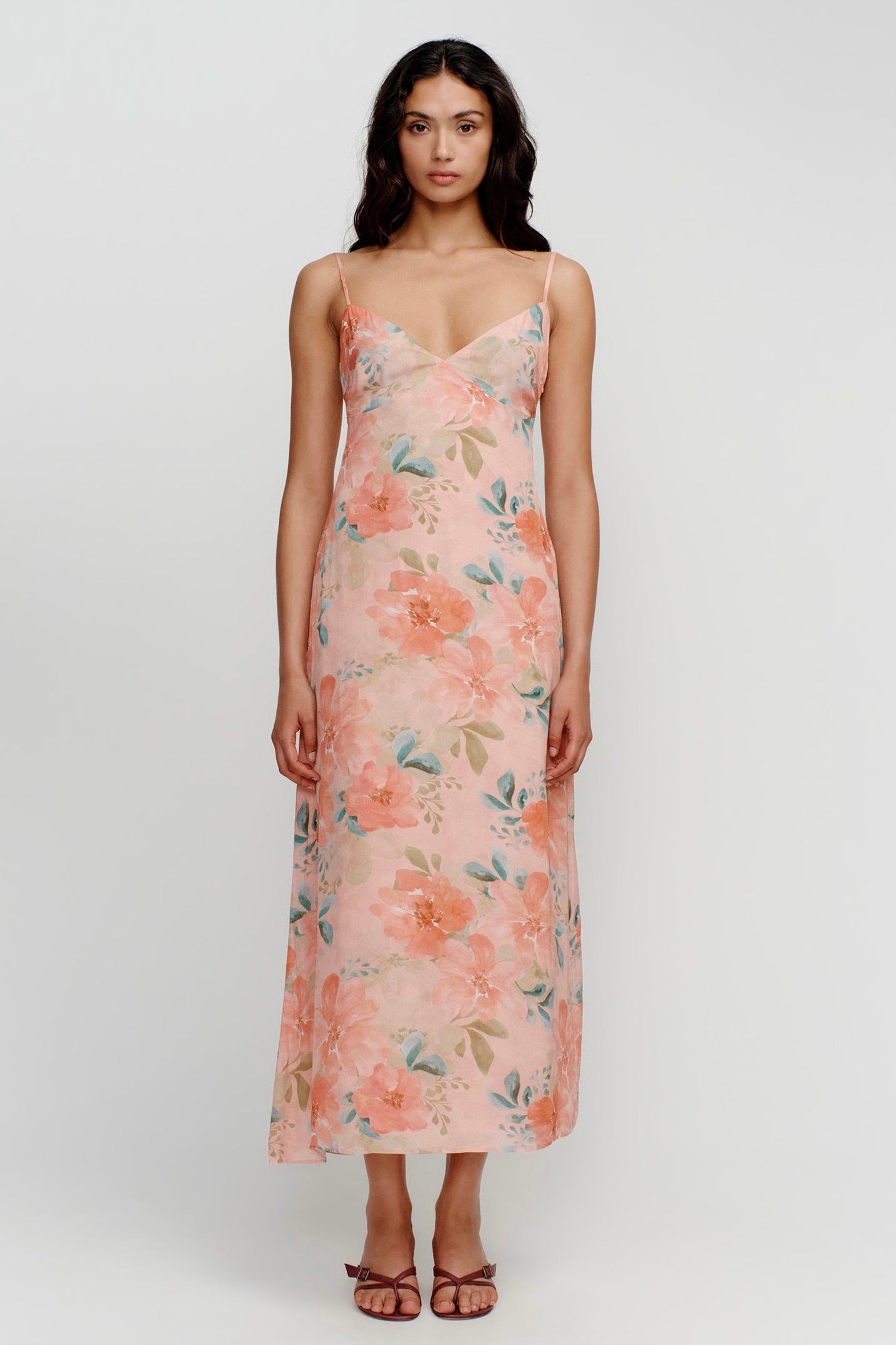 Domenica Women's Pink Floral Print Midi Dress - Elegant Summer Casual & Party Wear for Women