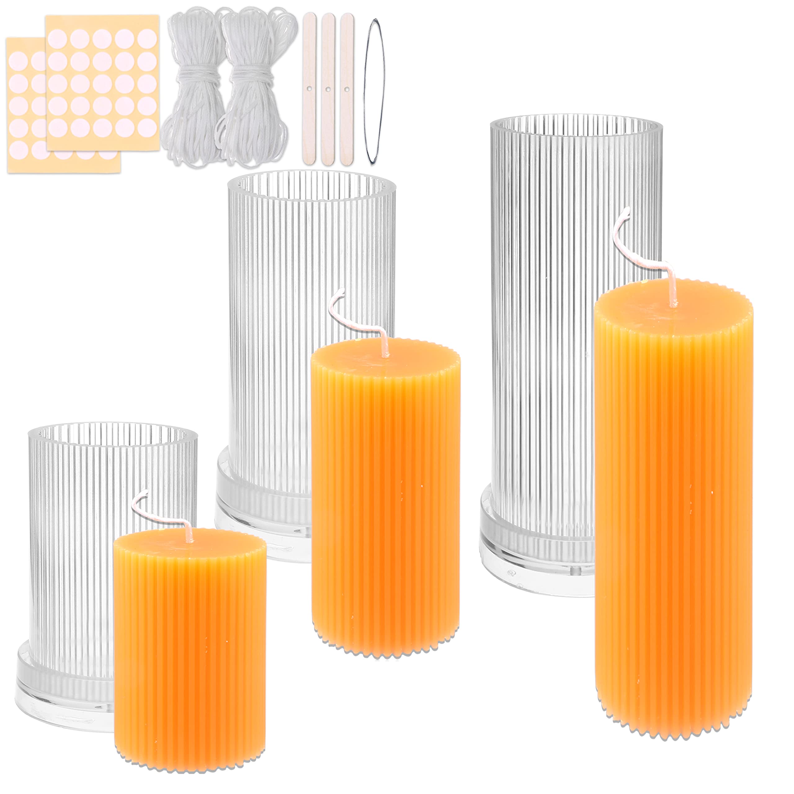 3PCS Stripe Pillar Candle Molds Set for DIY Candle Making - Includes 60ft Wick, 50 Wick Stickers, 3 Wick Holders & Iron Wire - Perfect for Home Decor, Wedding Centerpieces & Holiday Crafts