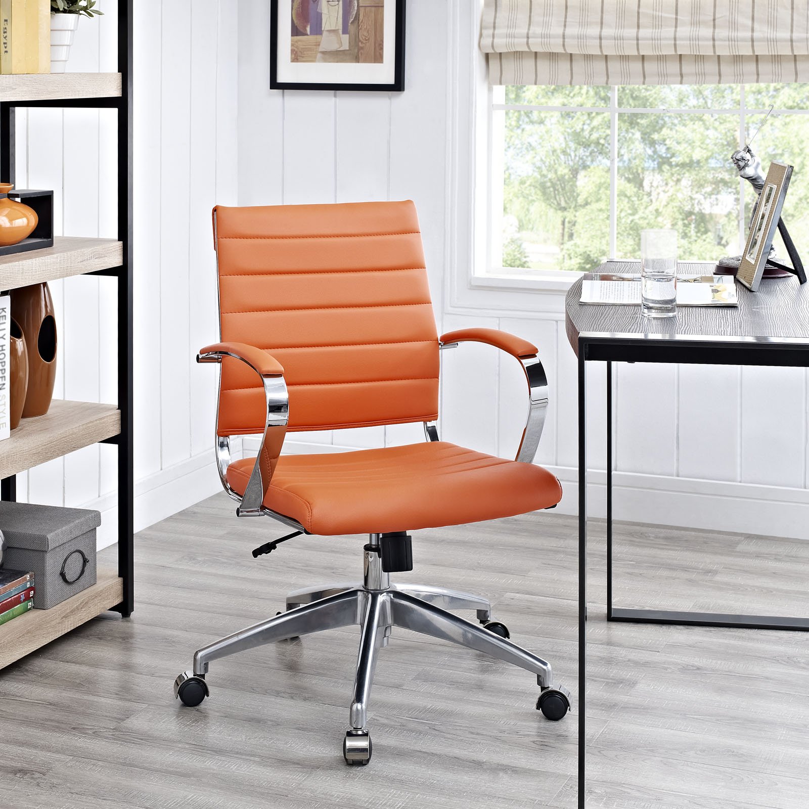 Modway Jive Ribbed Mid Back Office Chair - Ergonomic Mesh Desk Chair with Adjustable Height & Swivel, Orange - Perfect for Home Office, Gaming & Workspace