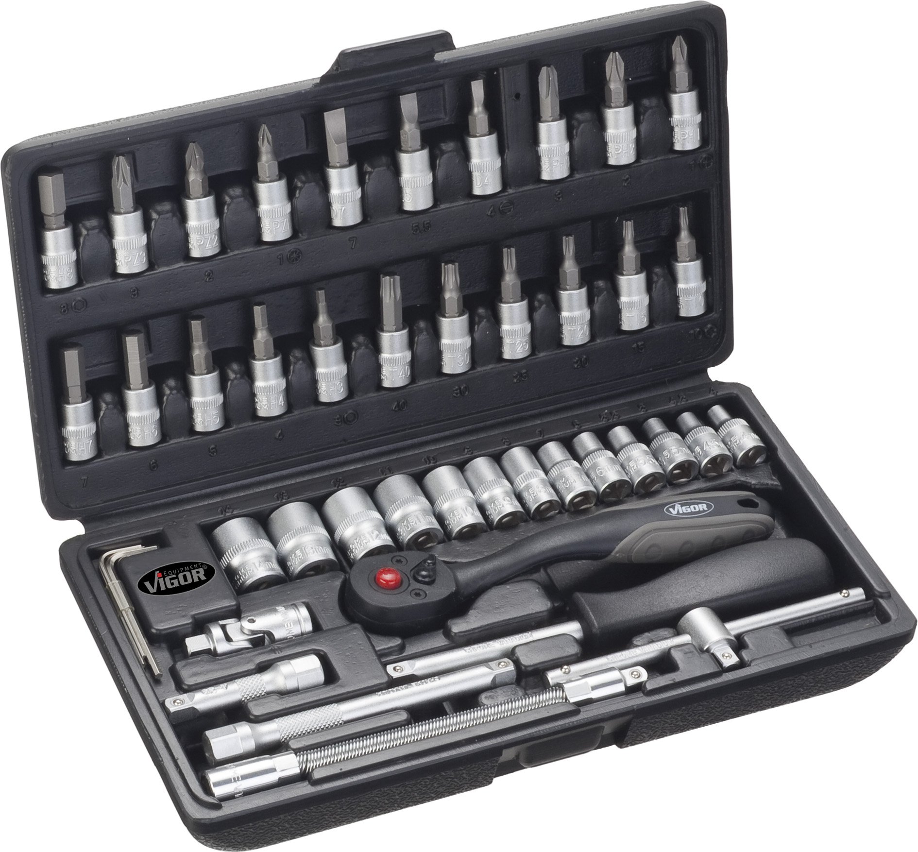 Vigor V2414 46-Piece 1/4 Inch (6.3mm) Socket Wrench Set - Professional Mechanic Tool Kit for Automotive Repair, Home Improvement & DIY Projects
