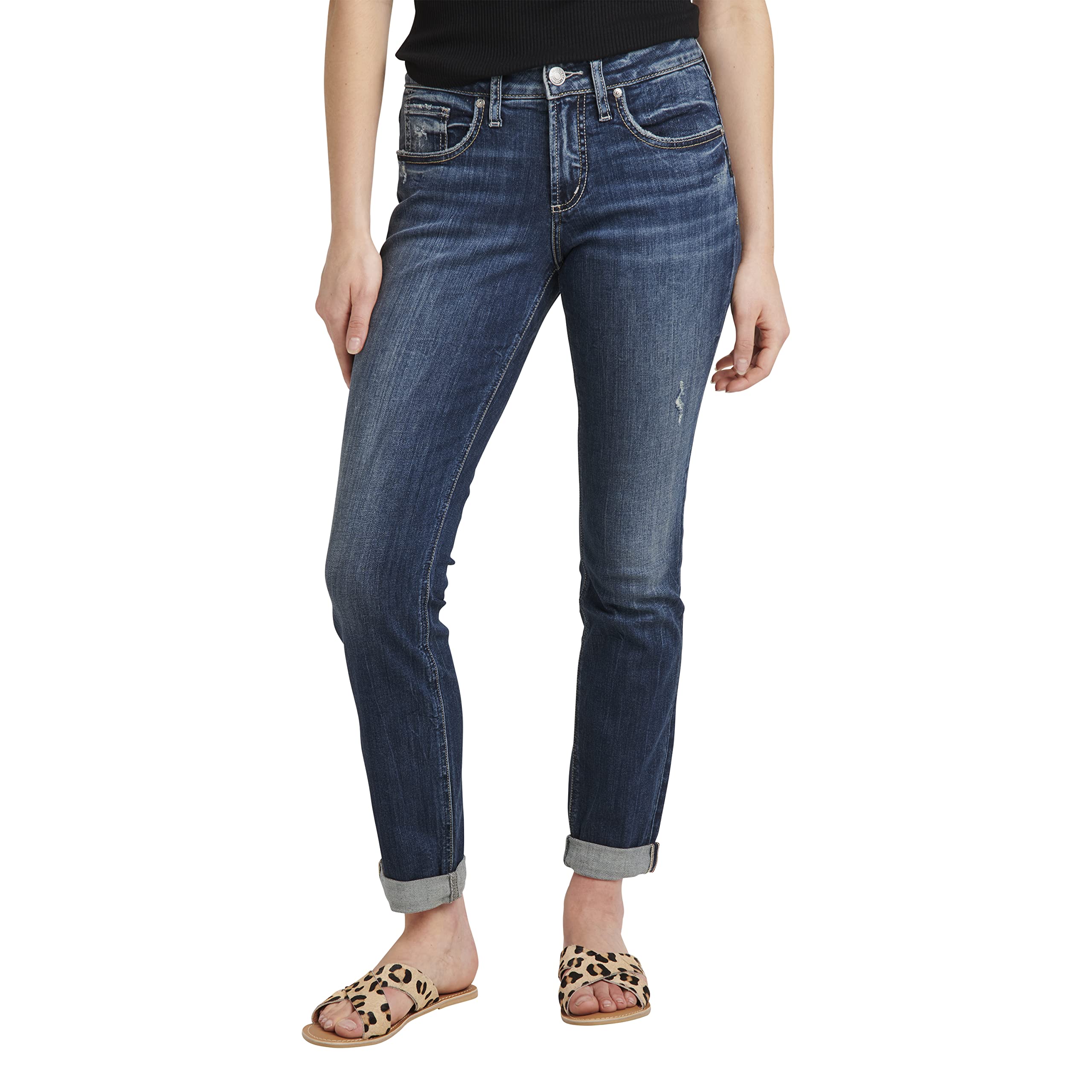Silver Jeans Co. Women's Boyfriend Mid Rise Slim Leg Jeans - Comfortable Stretch Denim Pants for Casual Wear & Everyday Outfits