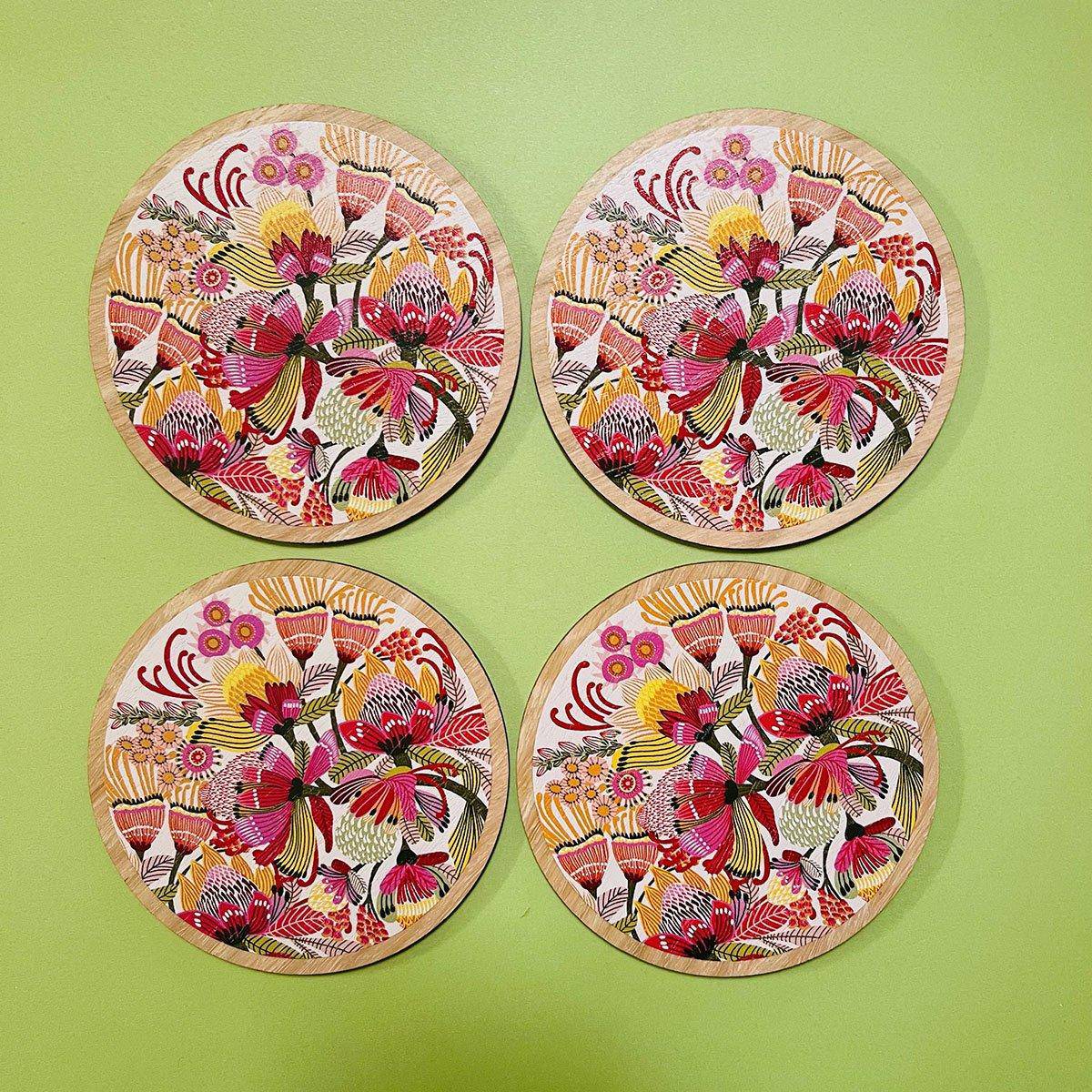 Premium Wild Proteas Australian Wooden Coaster Set - 4-Piece Natural Wood Drink Coasters for Home Bar, Coffee Table & Outdoor Entertaining