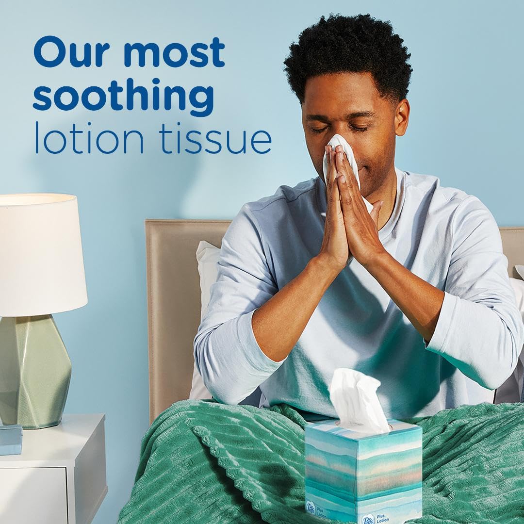 Puffs Plus Lotion Facial Tissues - Ultra Soft & Lotion-Infused - 1 Family Box (124 Tissues) - For Cold, Allergy & Dry Skin Relief - Home, Office & Travel Use