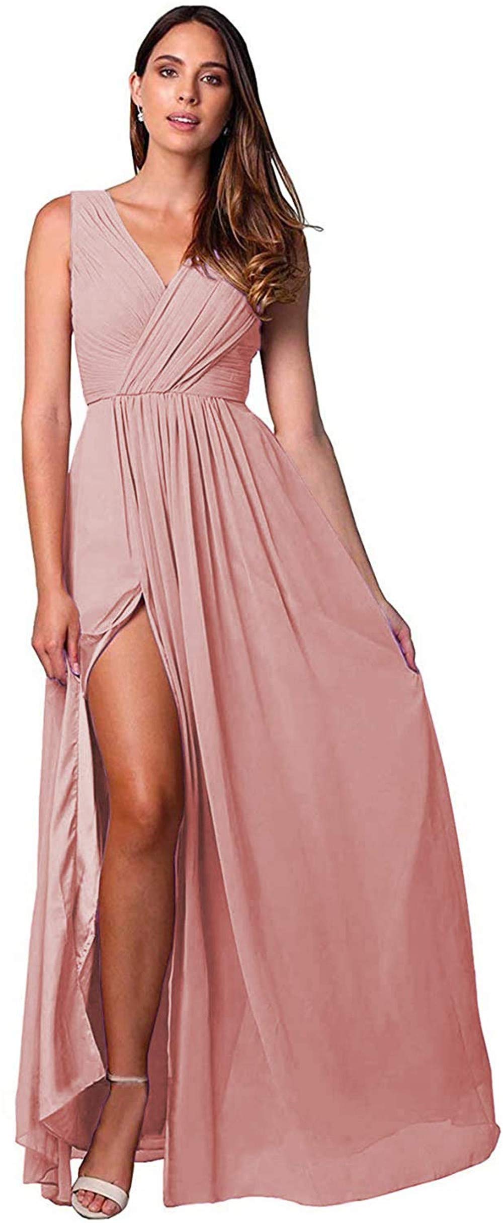 Elegant V-Neck Chiffon Bridesmaid Dresses with Side Slit - Long Formal Evening Gowns for Women - Perfect for Weddings, Proms & Special Occasions