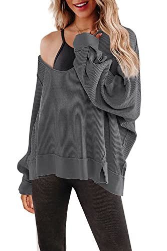 SENSERISE Women's V-Neck Waffle Knit Long Sleeve Top - Oversized Sweater Pullover Casual Shirt for Fall & Winter | Cozy Loungewear, Office Wear & Weekend Outfits
