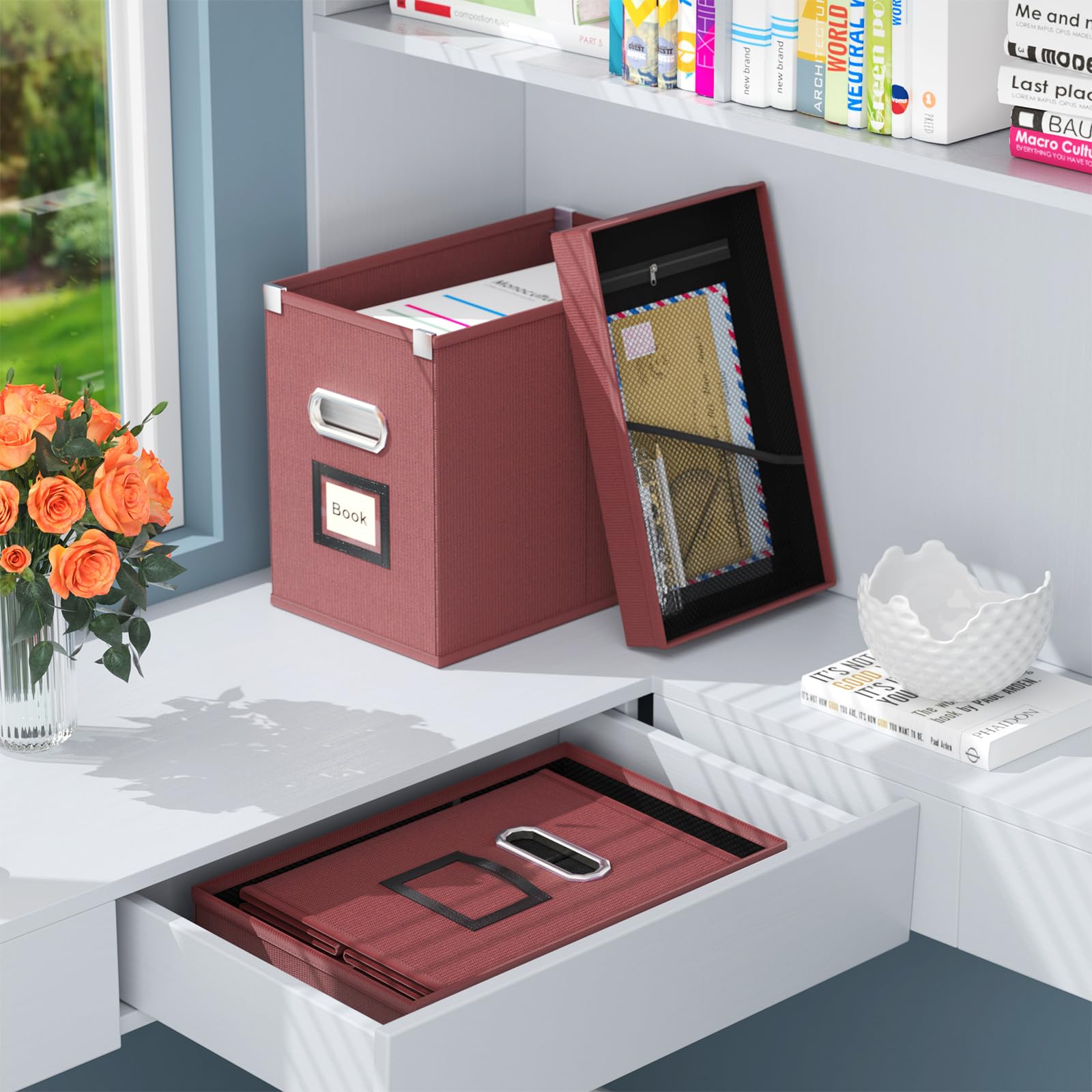 Huolewa File Organizer Box with Lid - Portable Hanging Document Storage with Mesh Pocket | Letter Size File Cabinet Organizer for Home, Office & School | Perfect for Desk Organization, Paper Storage & Office Supplies Management