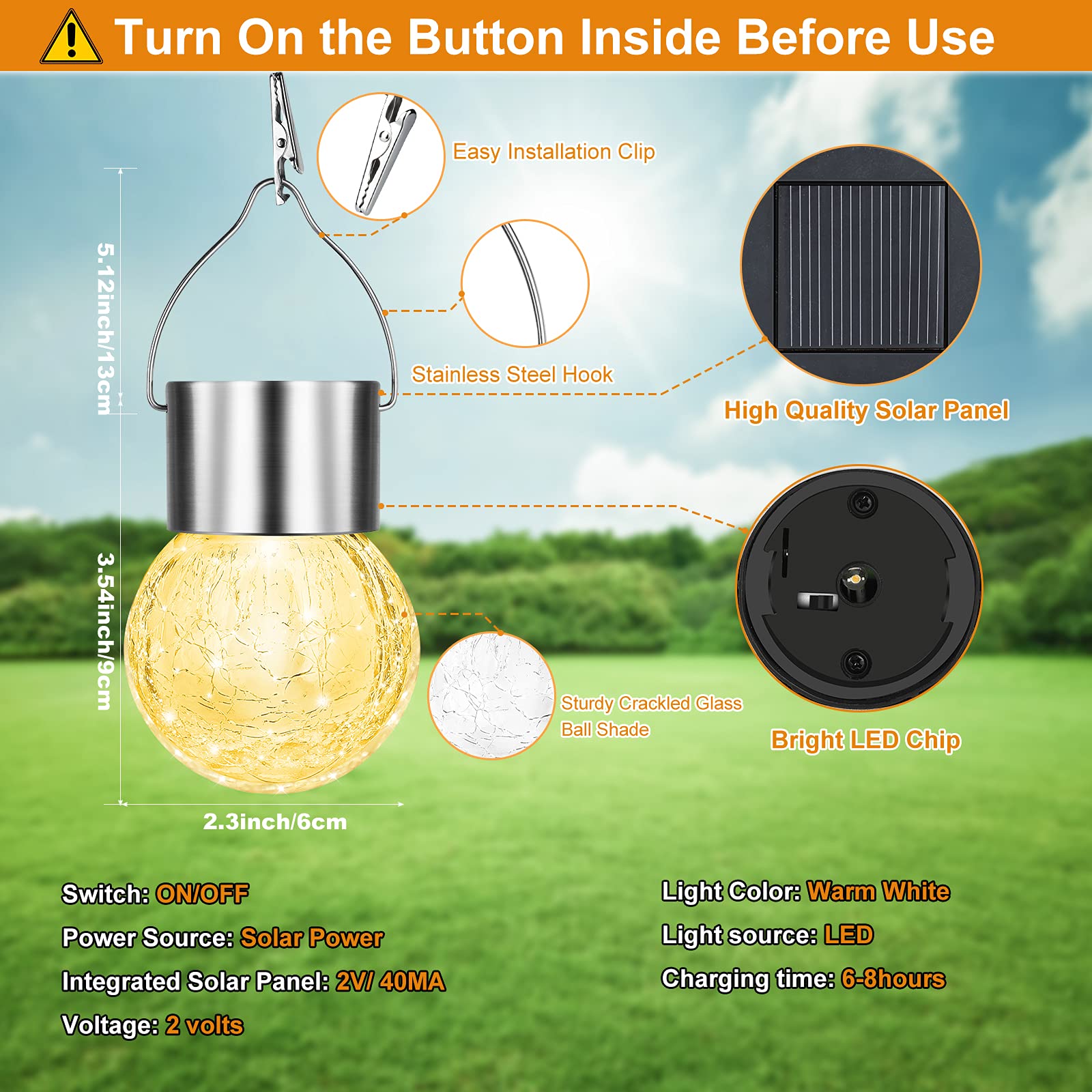 12 Pack Solar Powered Outdoor Hanging Lights - Waterproof Cracked Glass LED Ball Lights with Handle for Garden, Yard, Patio, Fence & Christmas Decor - Warm White - Perfect for Backyard, Pathway & Holiday Lighting