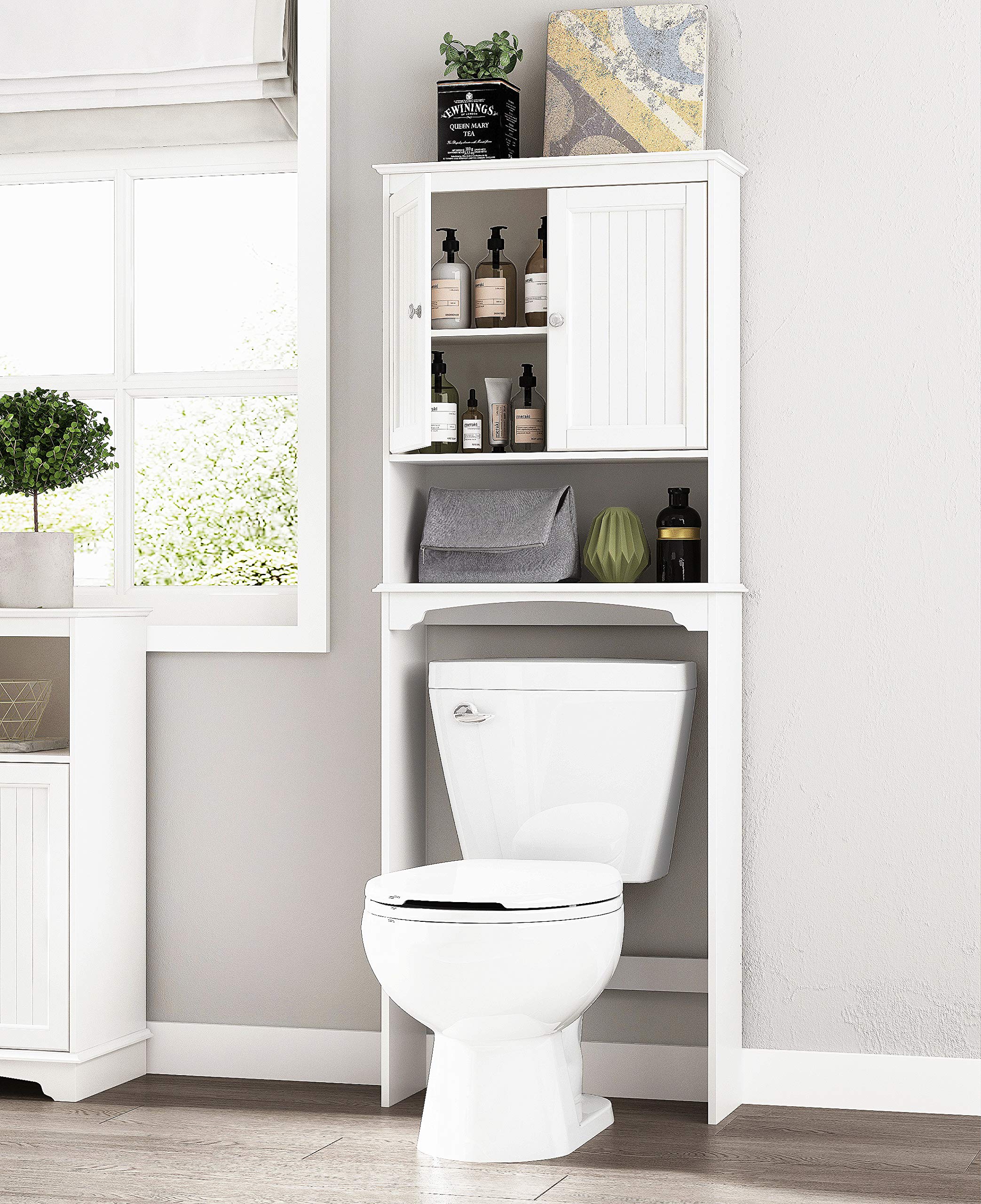 White Over The Toilet Storage Cabinet - Bathroom Shelf Organizer with 3-Tier Space Saving Design for Towels, Toiletries & Decor - Perfect for Small Bathrooms, Apartments & Powder Rooms