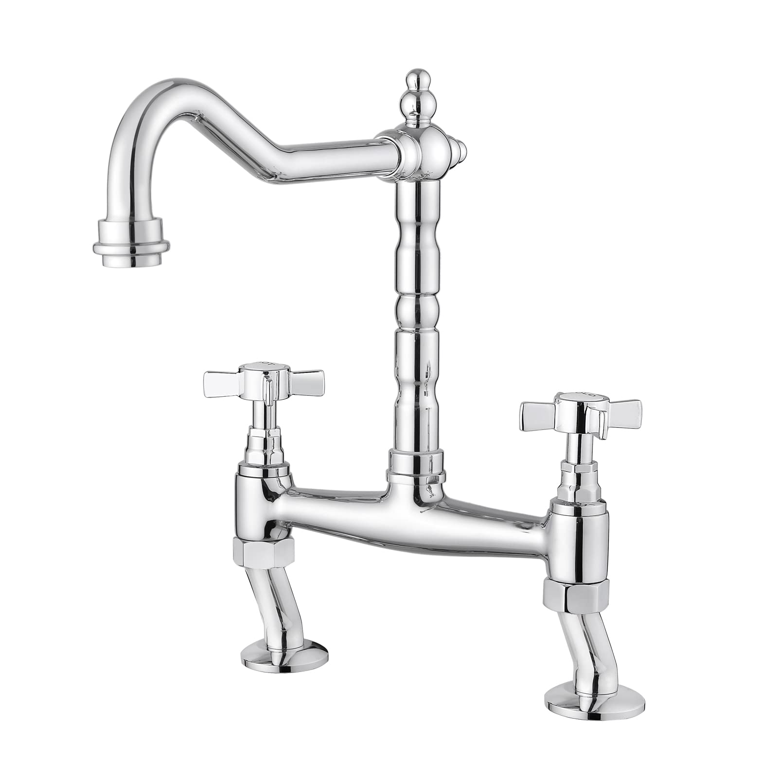 JASSFERRY Classic Deck Mixer Chrome Cross Handles Deck Mounted Monobloc Traditional 2-Hole Kitchen Sink Faucet with Swivel Spout - Perfect for Modern Farmhouse, RV & Apartment Kitchen Renovations