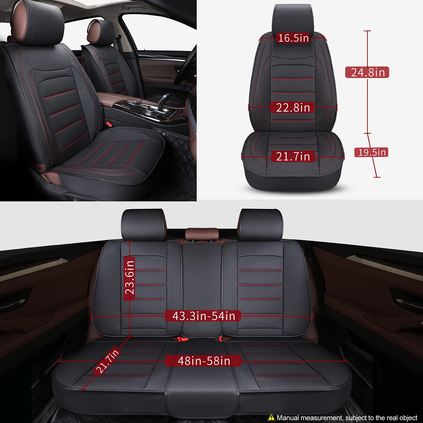 Premium Universal Leather Car Seat Covers Full Set - Waterproof Leatherette Auto Seat Protectors for SUV, Truck & Sedan | Black & Red | Perfect for Road Trips & Daily Commuting