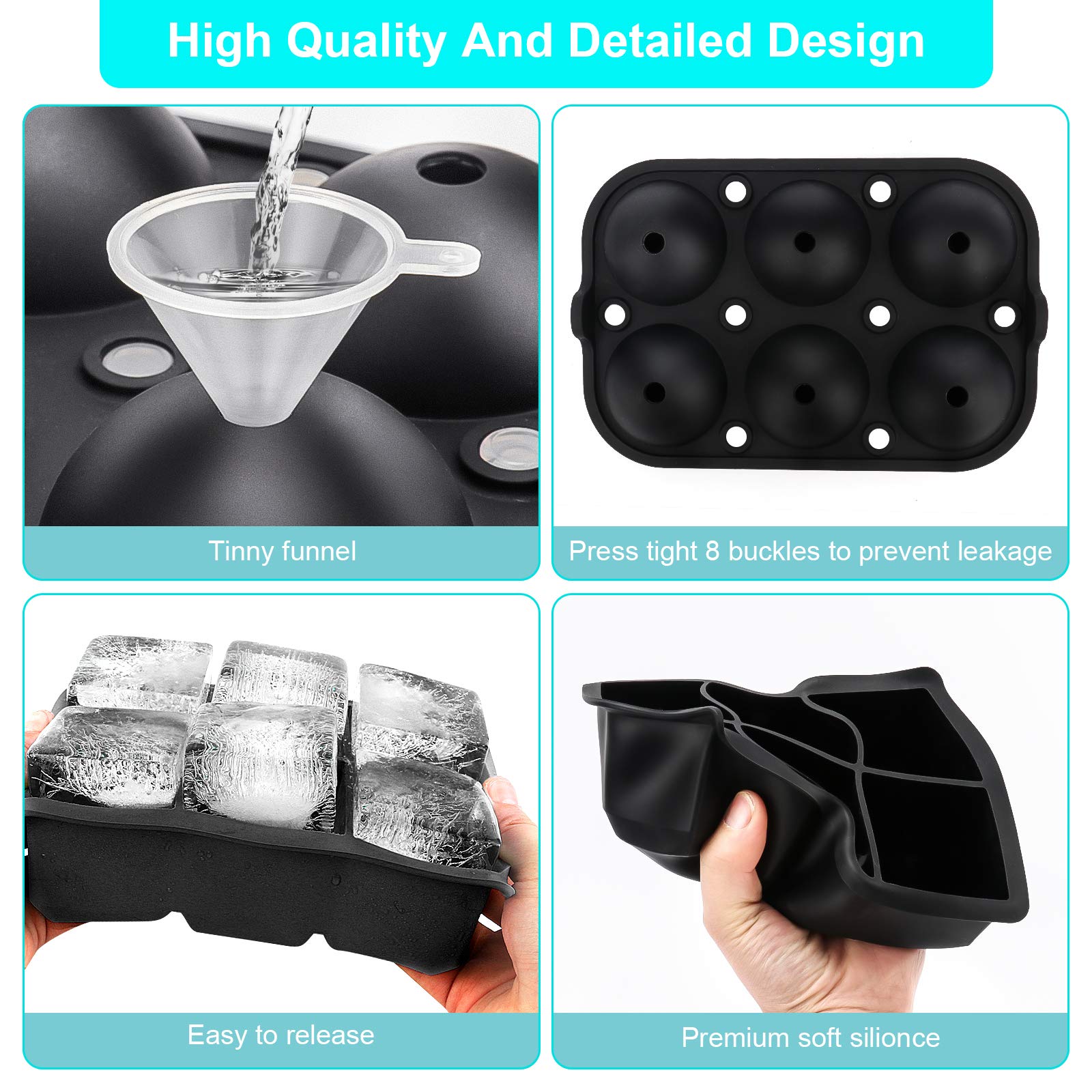 Premium Silicone Ice Cube Trays & Ice Ball Molds Set of 2 - Large Square & Sphere Ice Makers with Lids for Whiskey, Cocktails, Brandy - Perfect for Home Bars, Parties & Gift Giving