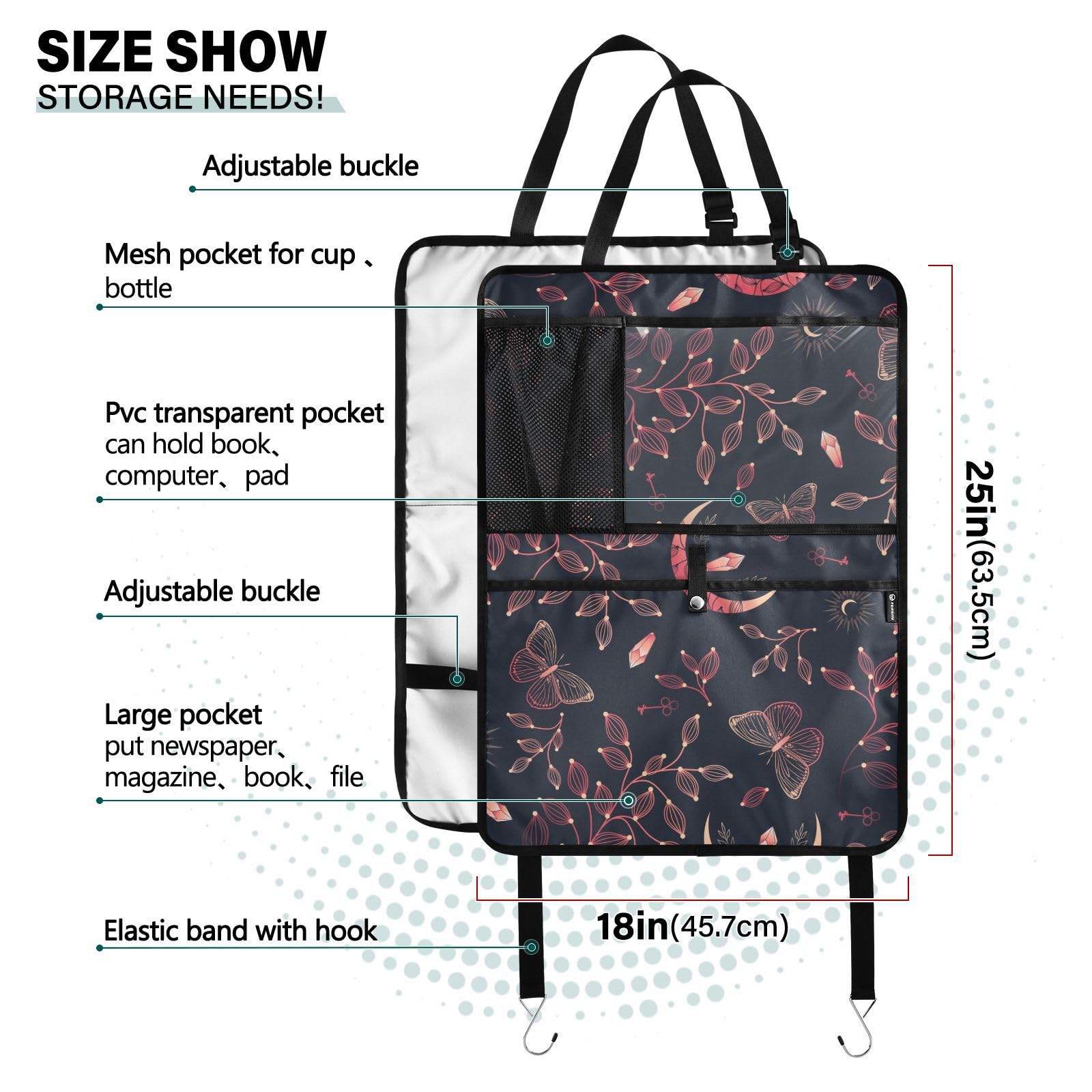 Moon Crystal Print Car Seat Back Organizer - 2 Pack Seatback Protector with Multiple Pockets for Tablet, Bottle, Tissues & Books (25x18 Inch) - Perfect for Road Trips, Family Travel & Daily Commute