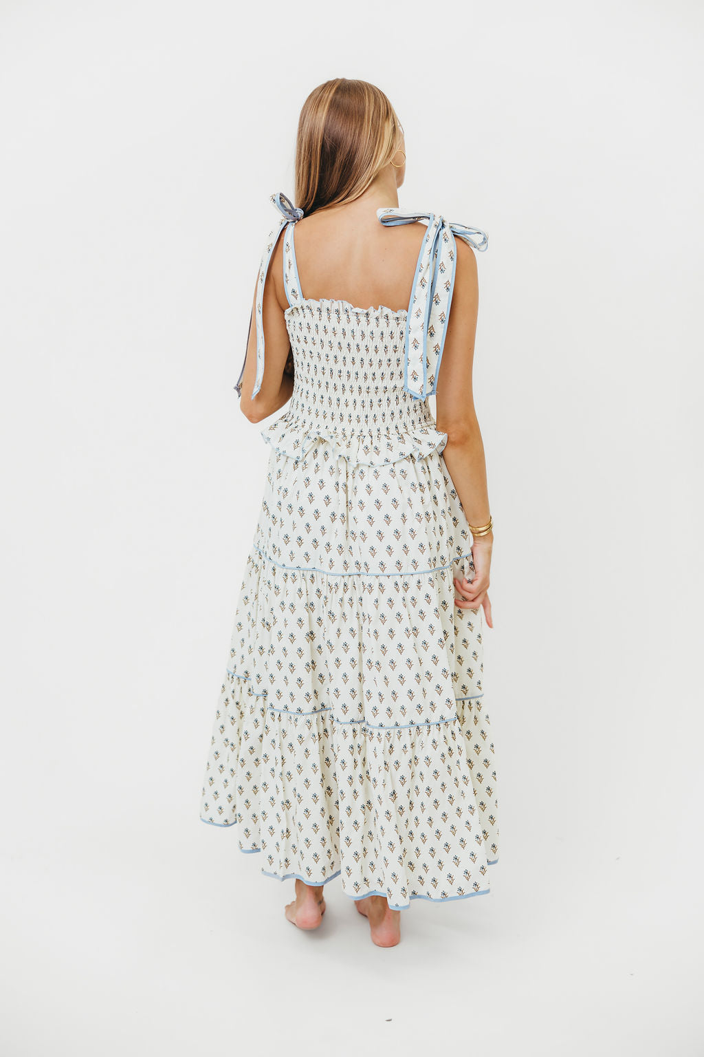 Calypso Floral Print Smocked Bodice Tiered Midi Dress in Cream | Women's Summer Boho Dress for Beach, Wedding & Vacation | Lightweight Flowy Dress with Elastic Waist