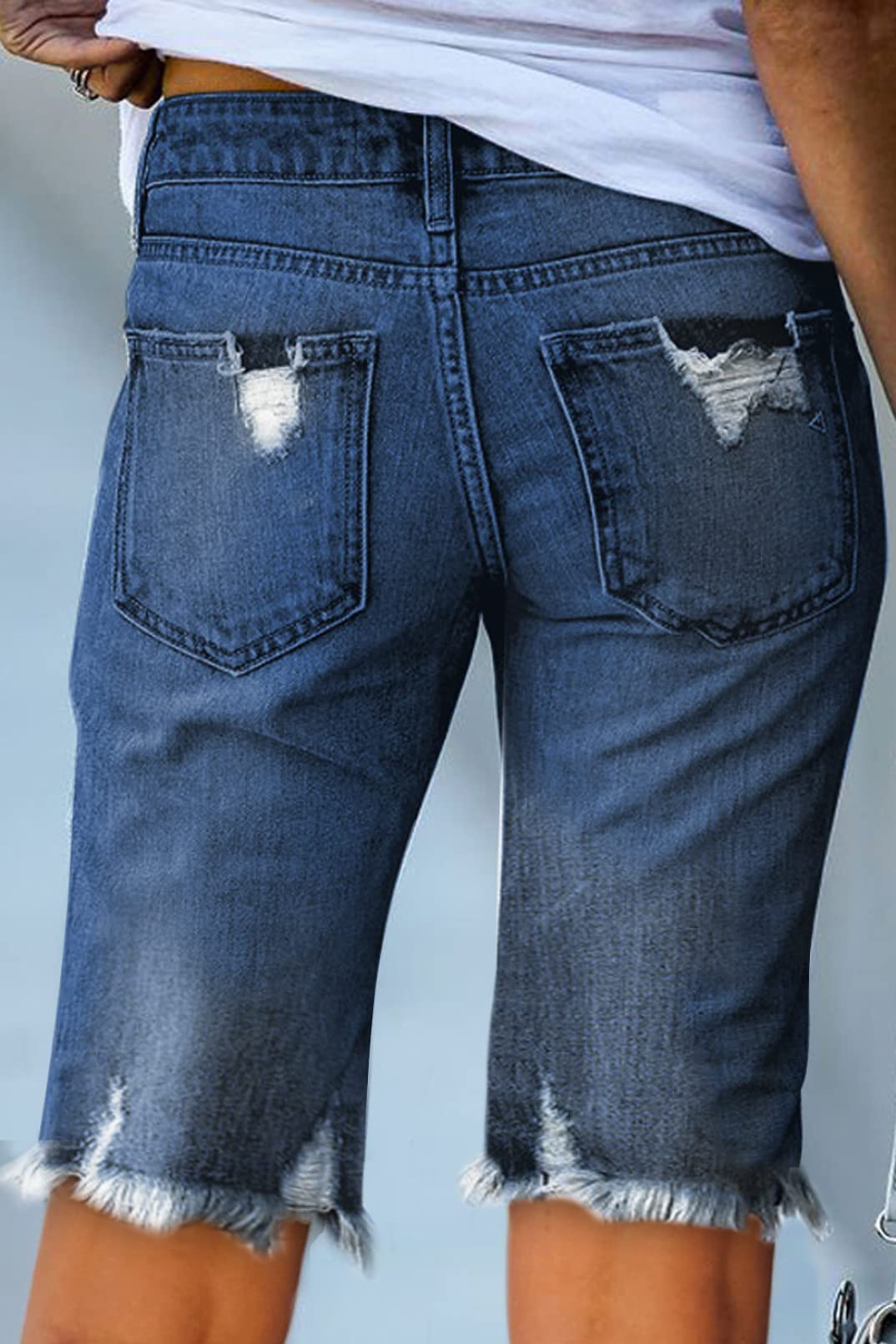 Sidefeel Women's Distressed Denim Bermuda Shorts with Raw Hem - High Waisted Casual Jean Shorts for Summer, Beach, and Everyday Wear