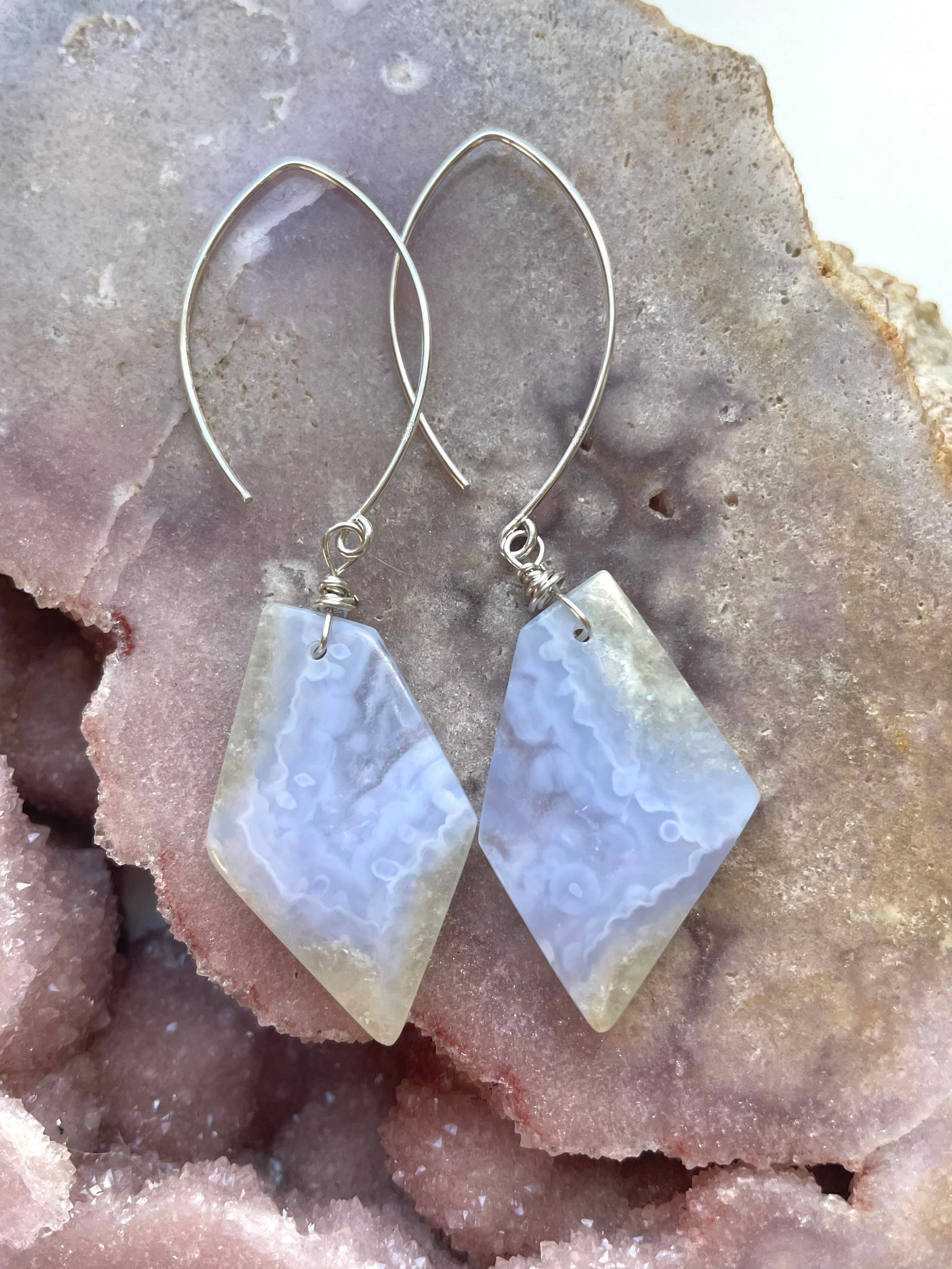 Blue Lace Agate Statement Earrings Sterling Silver - Elegant Dangle Earrings for Women, Handmade Jewelry Gift for Her - Perfect for Weddings, Parties & Special Occasions