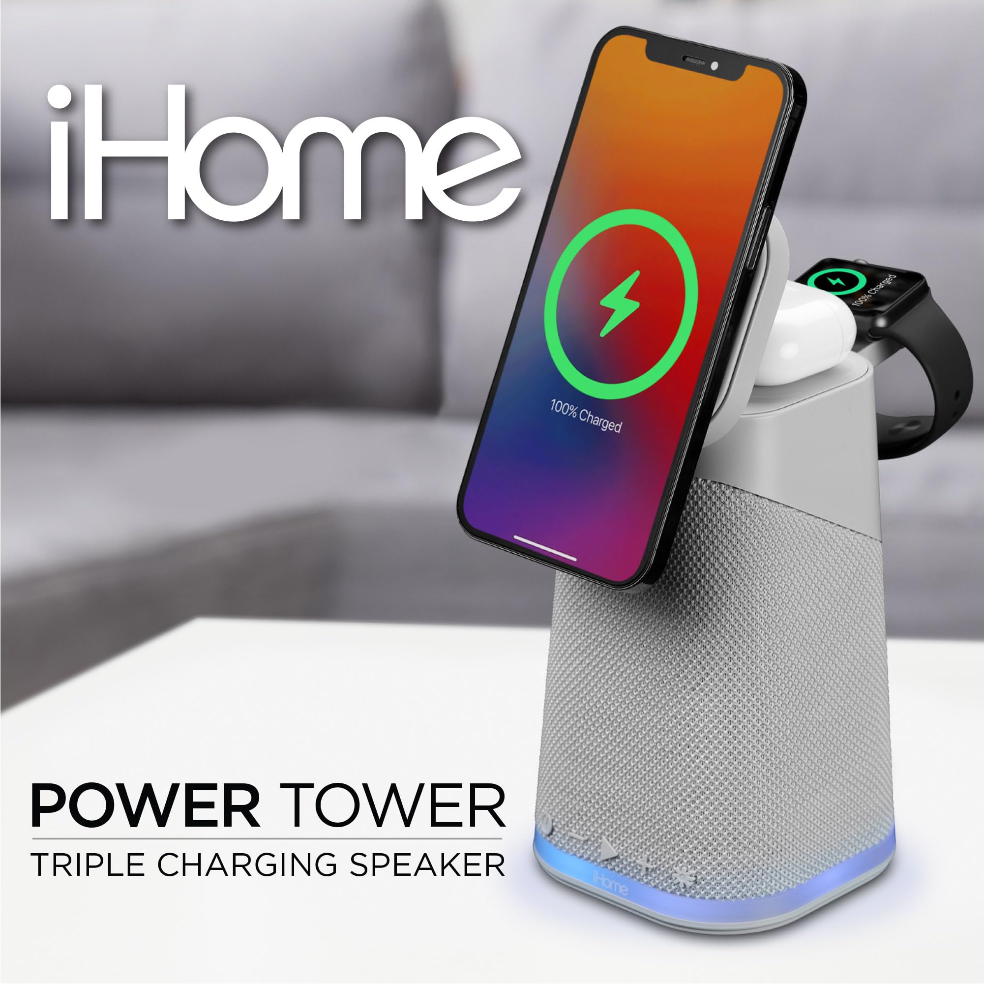 iHome Wireless Charger with Apple Watch Charger, AirPods Charging, Bluetooth Speaker & Color Changing Night Light - 3-in-1 Charging Station for iPhone, Smartwatch & Earbuds - Perfect for Bedroom, Office & Travel (Grey, Model iPBT70G)