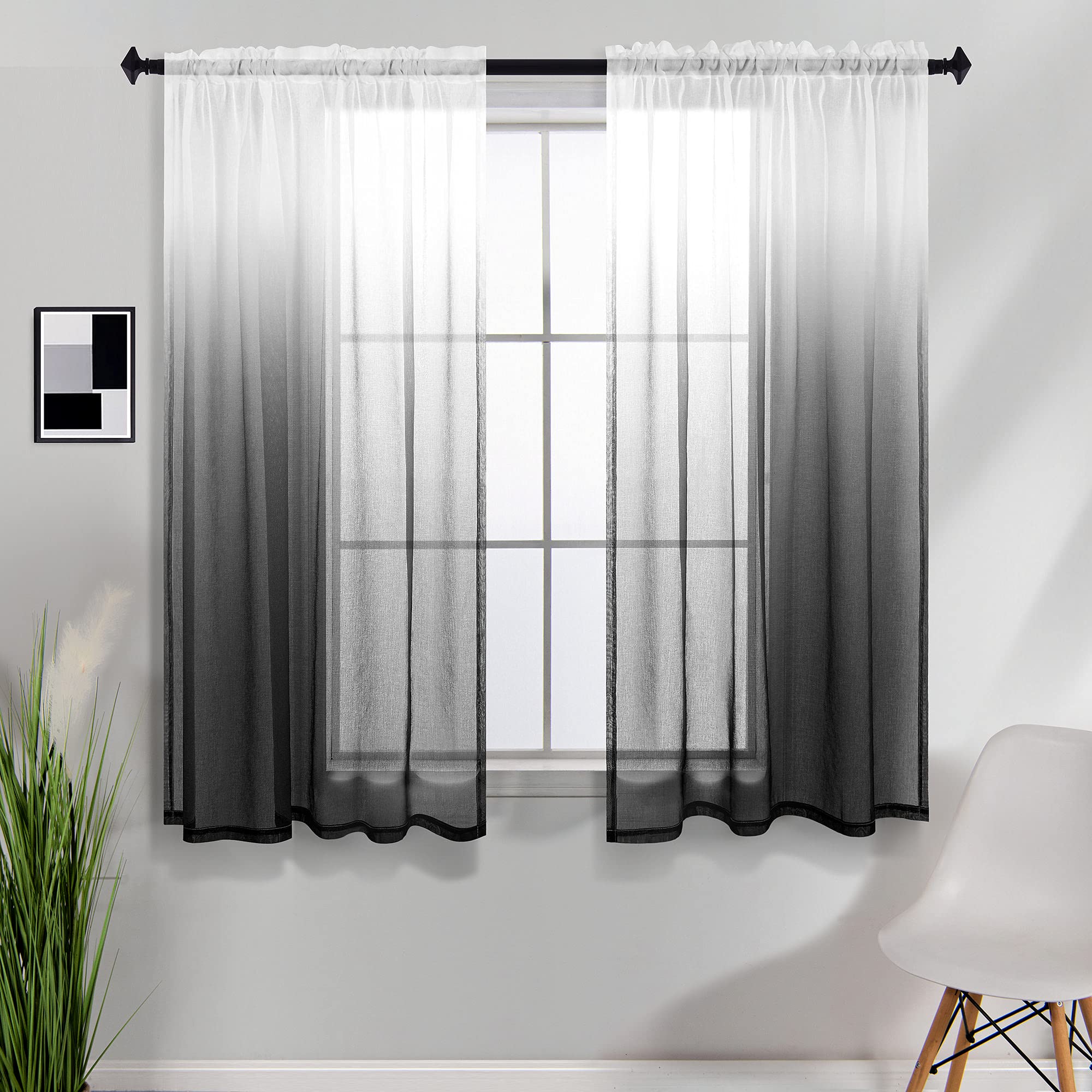 KOUFALL Sheer Ombre Window Curtains Set of 2 - 42 x 45 Inch Black & White Short Curtains for Bathroom, Shower, Kitchen, Bedroom - Light Filtering Privacy for Small Windows - Perfect for Modern Home Decor