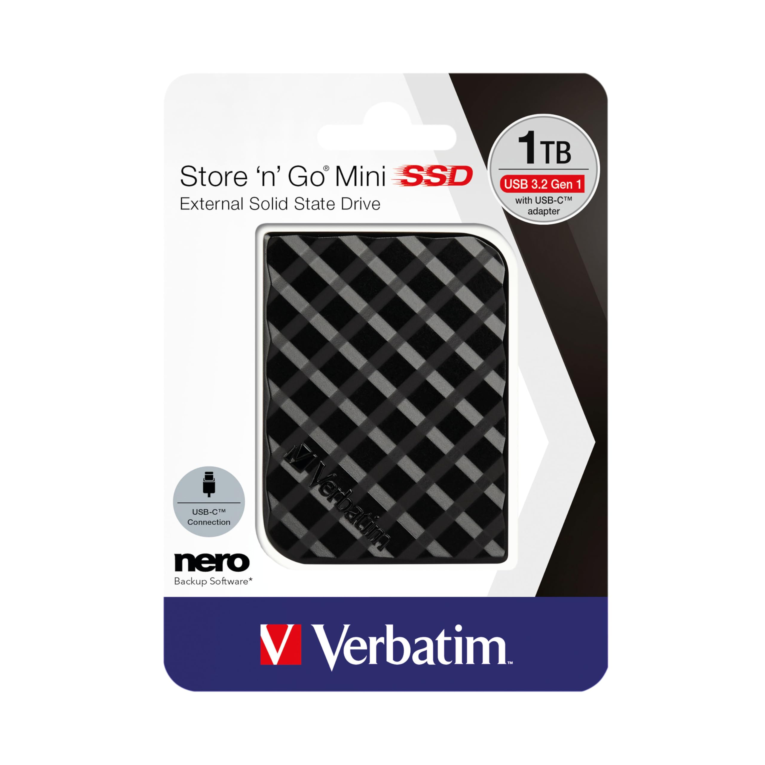 Verbatim 1TB Portable SSD External Hard Drive - Ultra Slim Mini USB 3.2 Gen 1 USB-C Solid State Drive with Adapter | Fast Data Transfer for Mac, PC, Laptop, Gaming & Photo Storage