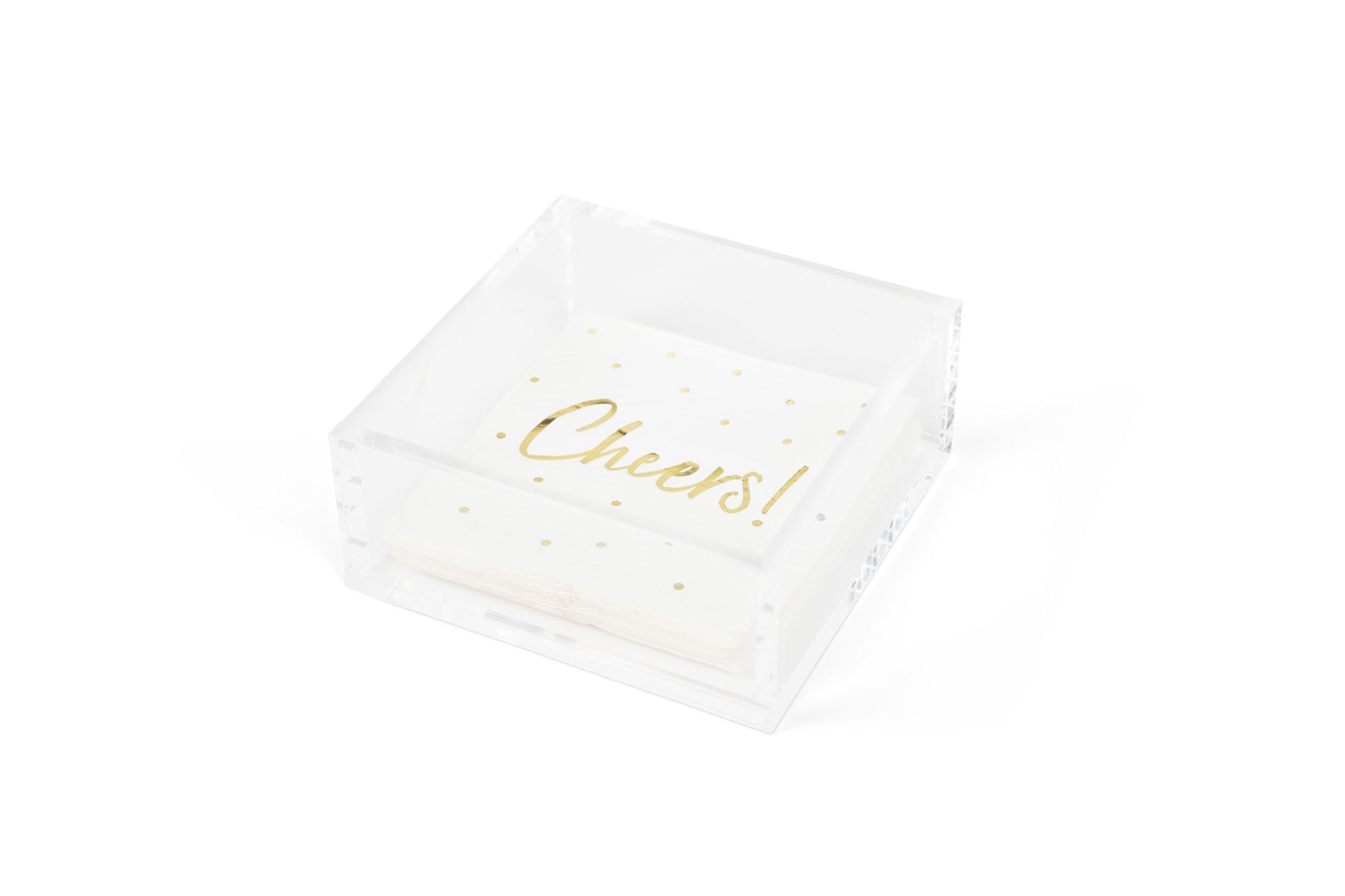 Premium 5x5 Inch Heavy Duty Acrylic Cocktail Napkin Holder with 20 Gold Embossed 'Cheers' Napkins - Elegant Party & Event Accessory for Weddings, Bars, and Home Entertaining