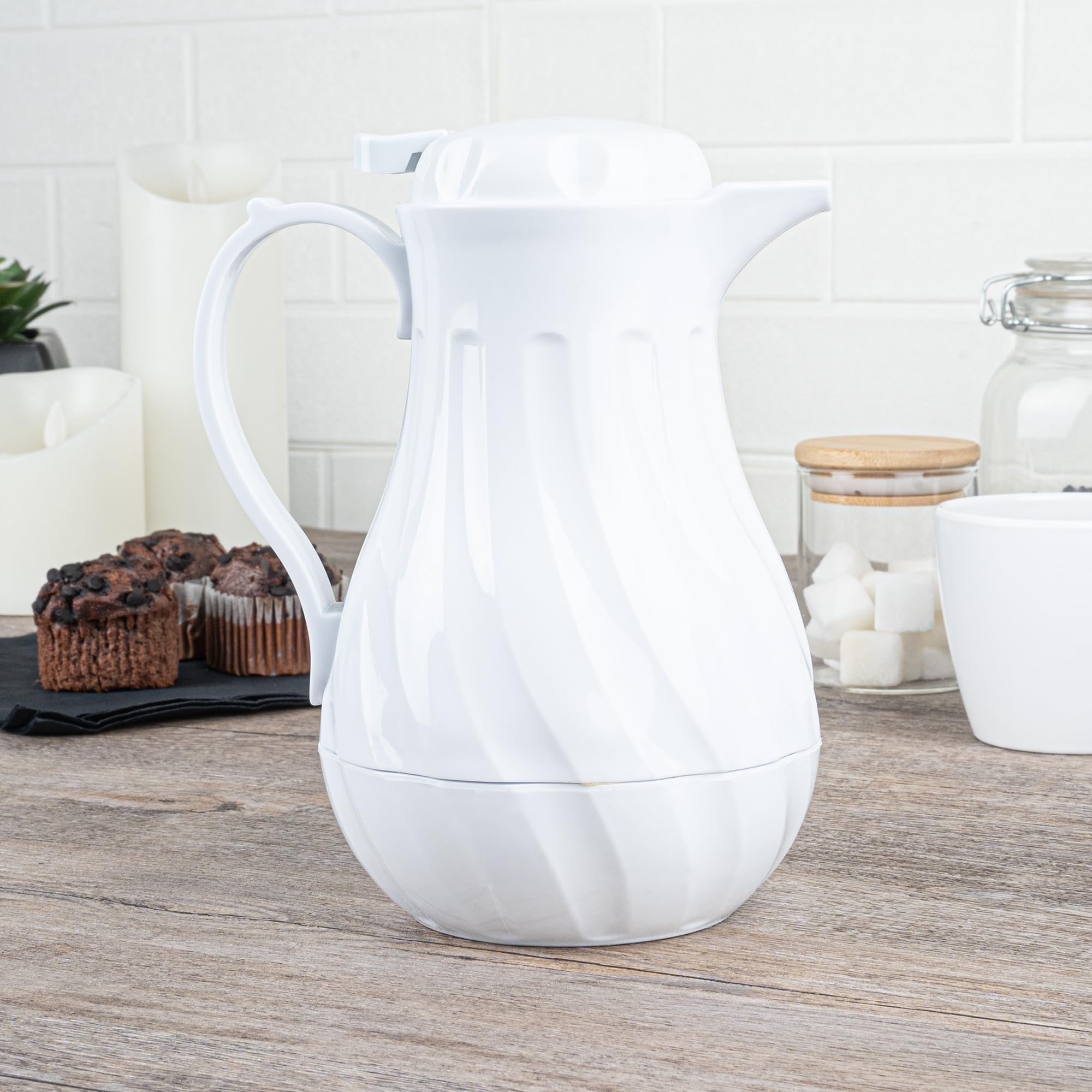 20oz Insulated Coffee Carafes with Push-Button Lid - Set of 10 White Plastic Coffee Servers with Swirl Design & Built-in Handle - Perfect for Restaurants, Cafes & Catering Events