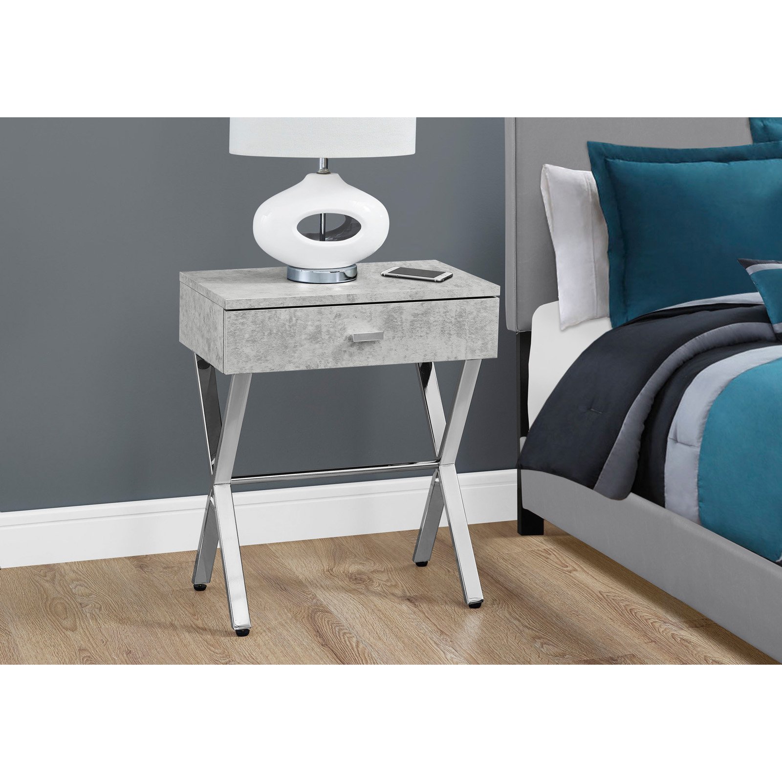 Monarch Specialties Chrome Metal Nightstand Accent Table - 22 x 12 x 18 Inches Glossy White End Table for Bedroom, Living Room & Office