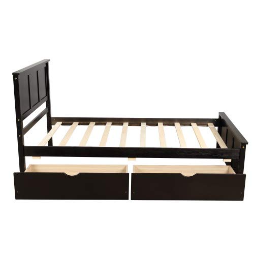 Platform Storage Bed with 2 Rolling Drawers - Twin Size Bed Frame in Espresso Finish | Space-Saving Bedroom Solution for Small Rooms & Dormitories