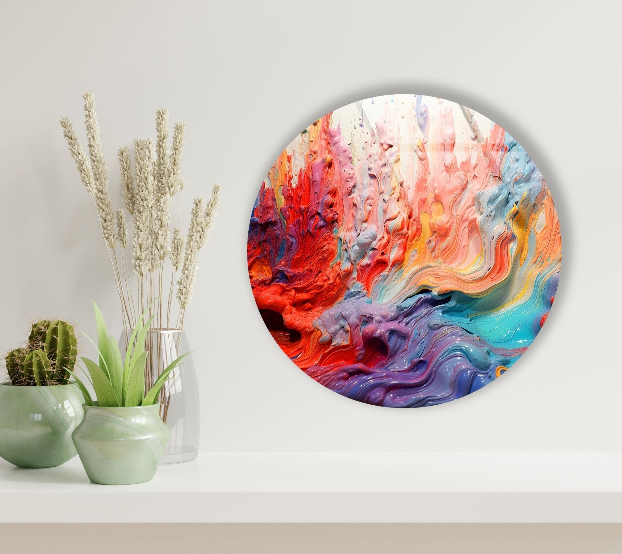 Abstract Round Pink Oil Art Glass Wall Decor - Modern Handmade Glass Painting for Living Room, Bedroom & Office