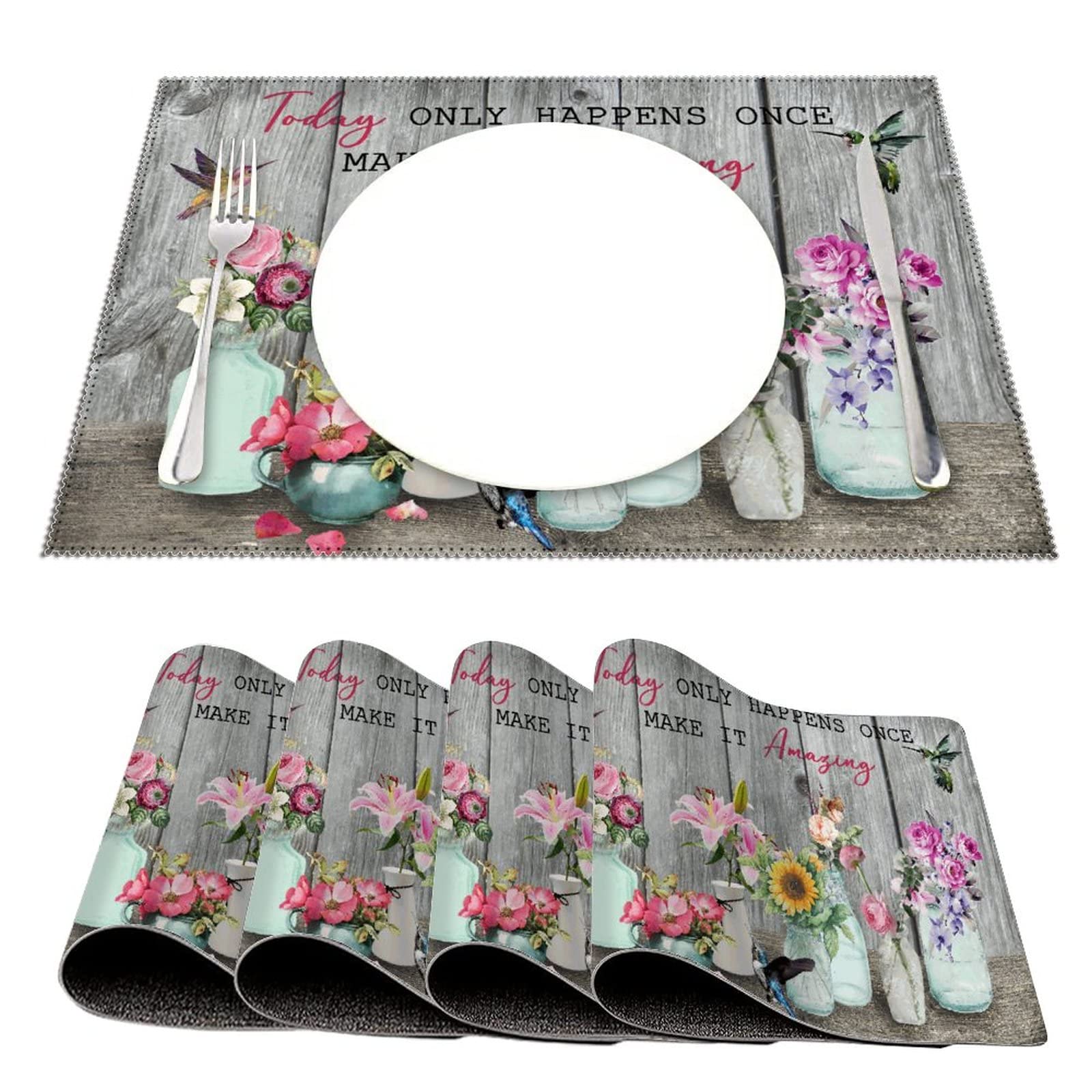 4-Pack Heat Resistant Hummingbird Floral Placemats - Waterproof Outdoor Dining Mats for Kitchen, Banquet & Picnic Use - Elegant Table Decor Set for Everyday Meals and Special Occasions