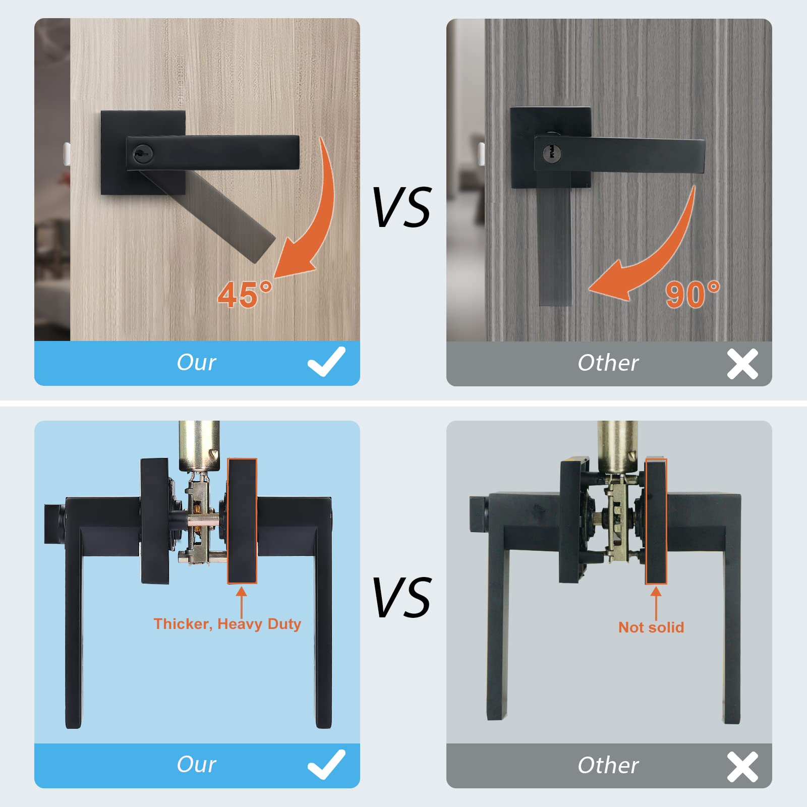 Black Door Knob Handles 4-Pack with Lock - Right/Left Use for Bathroom & Bedroom