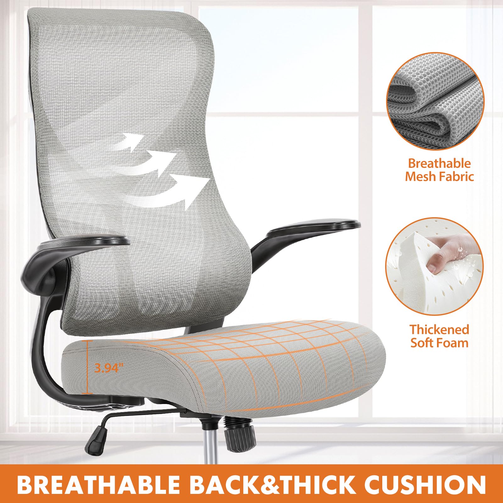 Ergonomic Office Chair with High Back - Adjustable Swivel Rolling Desk Chair with Flip-Up Arms & Breathable Mesh - Comfortable for Home Office, Gaming & Work - Grey