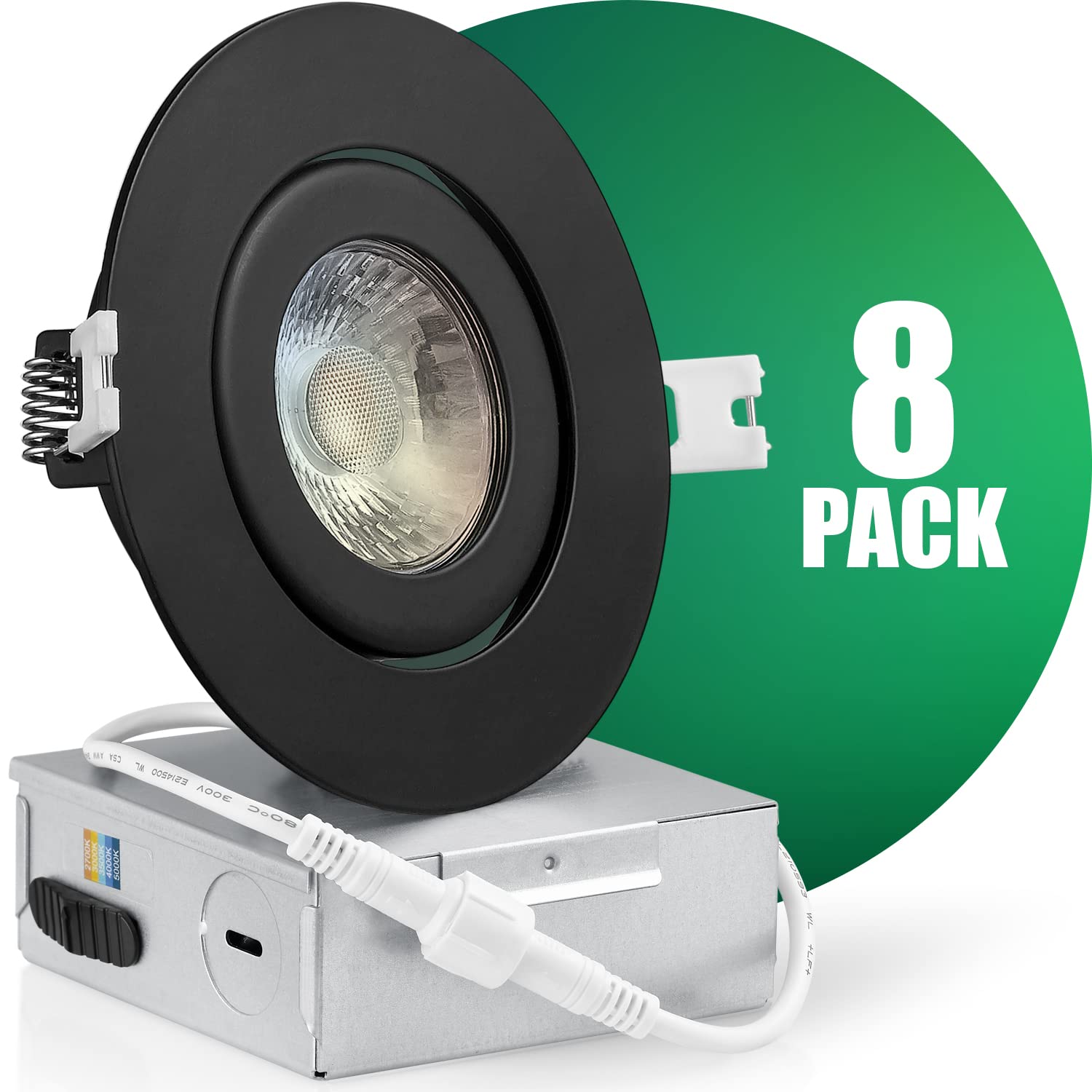 QPLUS 4 Inch Dimmable Recessed LED Downlights - 8 Pack Waterproof Black Ceiling Lights for Bathroom, Shower, Kitchen & Outdoor Use - Wet Location Rated, Energy Efficient Canless Pot Lights