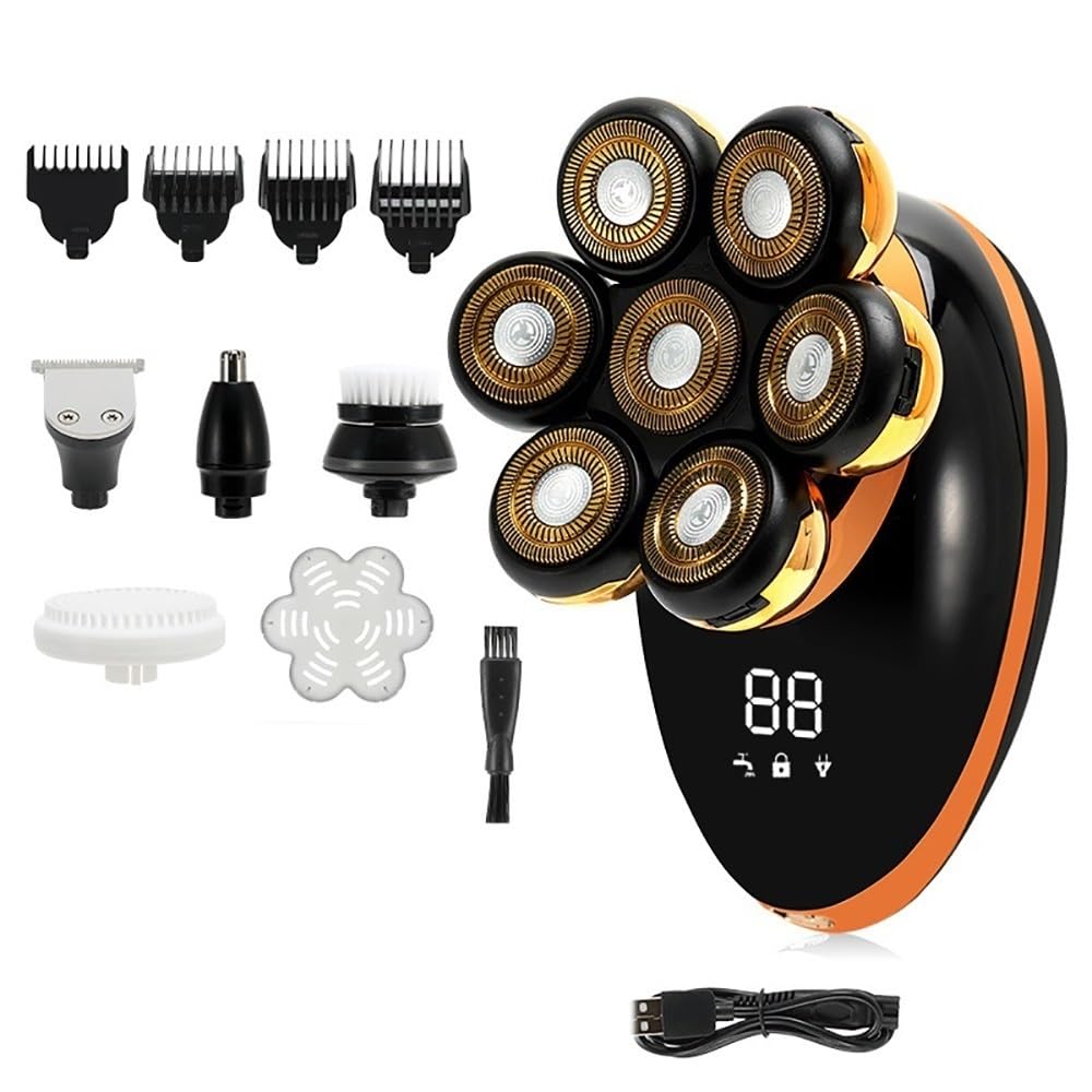 7D Floating Head Electric Razor for Bald Men - 5-in-1 Rechargeable Waterproof Shaver with 7 Independent Cutters, Multifunctional Trimmer (Golden) - Perfect for Travel, Gym & Daily Head Shaving