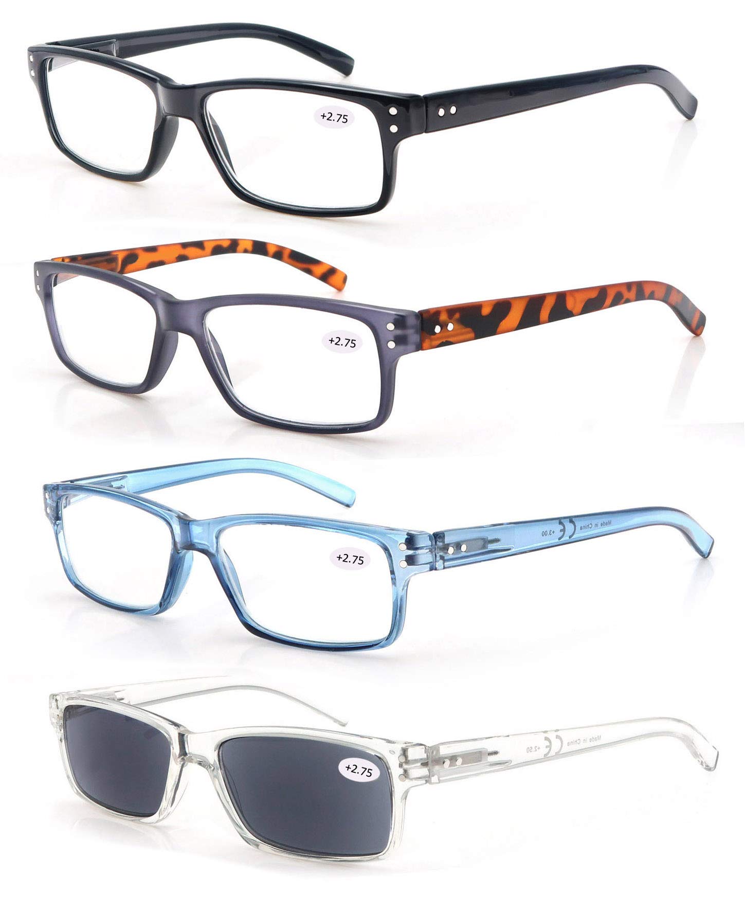 HEEYYOK 4 Pack Reading Glasses for Men & Women with Flexible Spring Hinges - Lightweight Cheater Glasses & Readers Sunglasses - Perfect for Reading, Computer Use, and Outdoor Activities