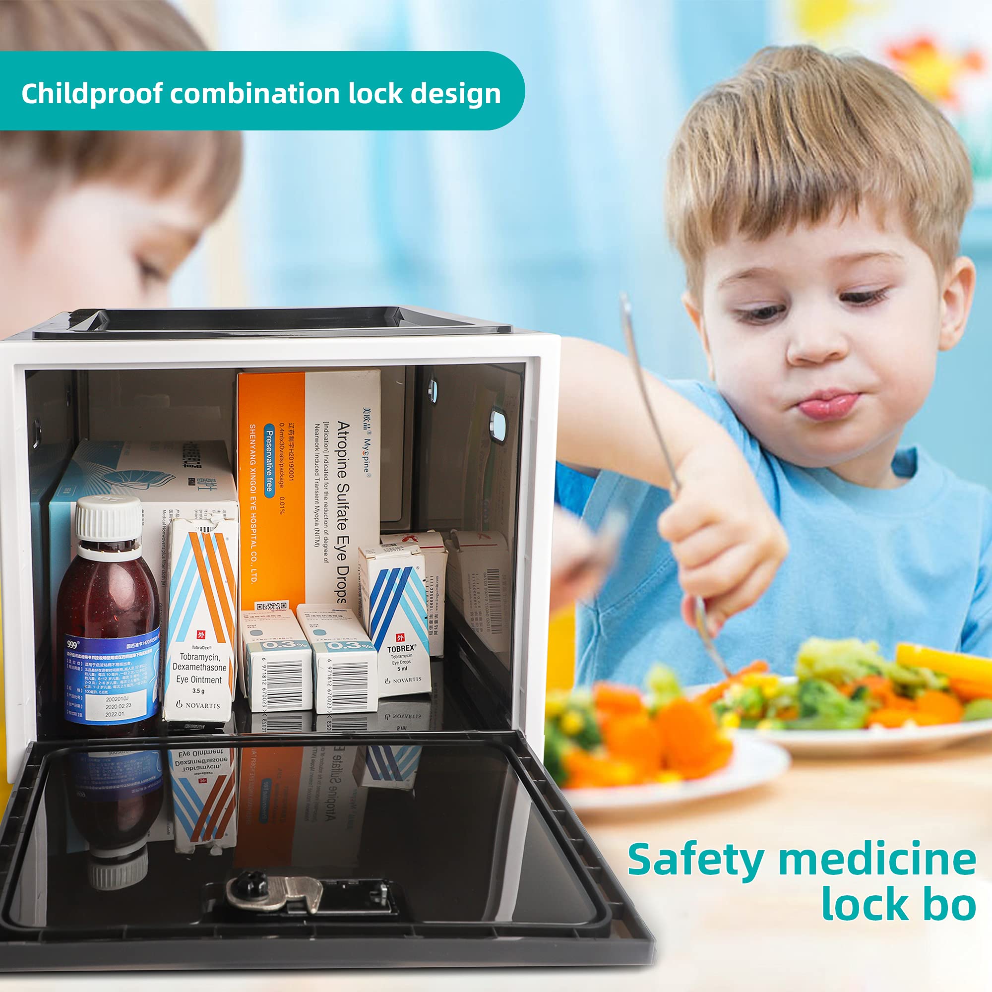 Secure Medicine Lock Box with Combination - Childproof Refrigerator Lockable Storage for Pills, First Aid Supplies & Valuables - Clear Organizer Bin for Medications, iPad, Tablet & Phone - Ideal for Home, Office & Travel Safety