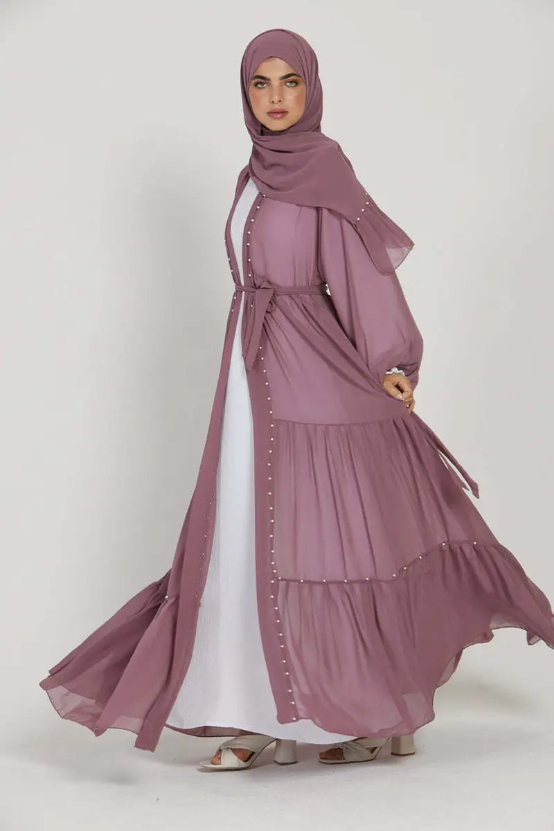 Elegant Muslim Women's Chiffon Beaded Open Abaya Dress - Modest Islamic Prayer Dress for Mosque, Eid & Special Occasions