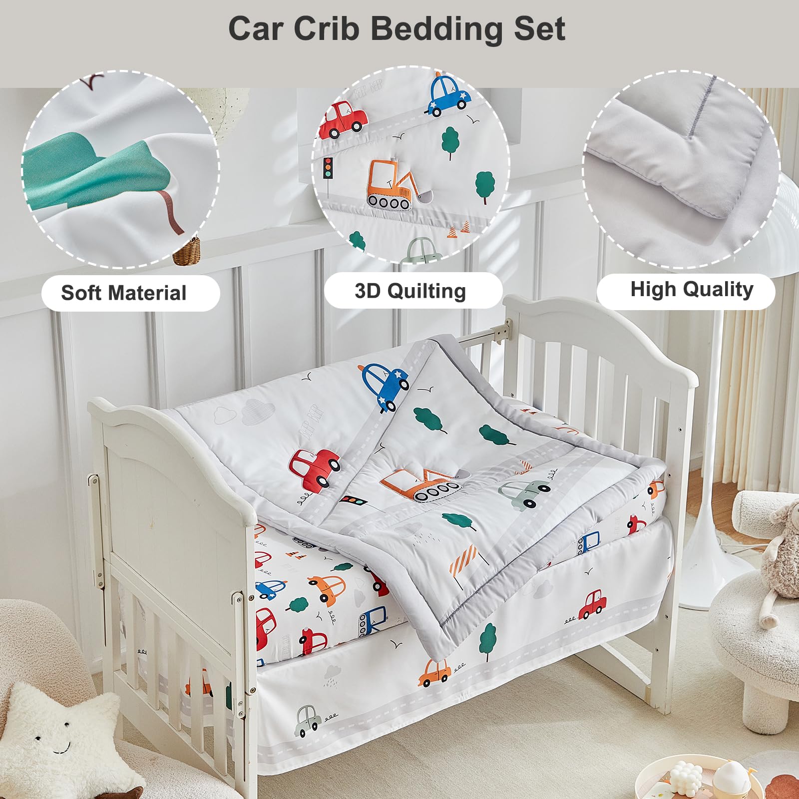 3-Piece Car Themed Crib Bedding Set for Boys - Soft Nursery Comforter Set with Quilted Blanket, Fitted Sheet & Bed Skirt | Perfect for Baby Shower Gifts & Nursery Decor