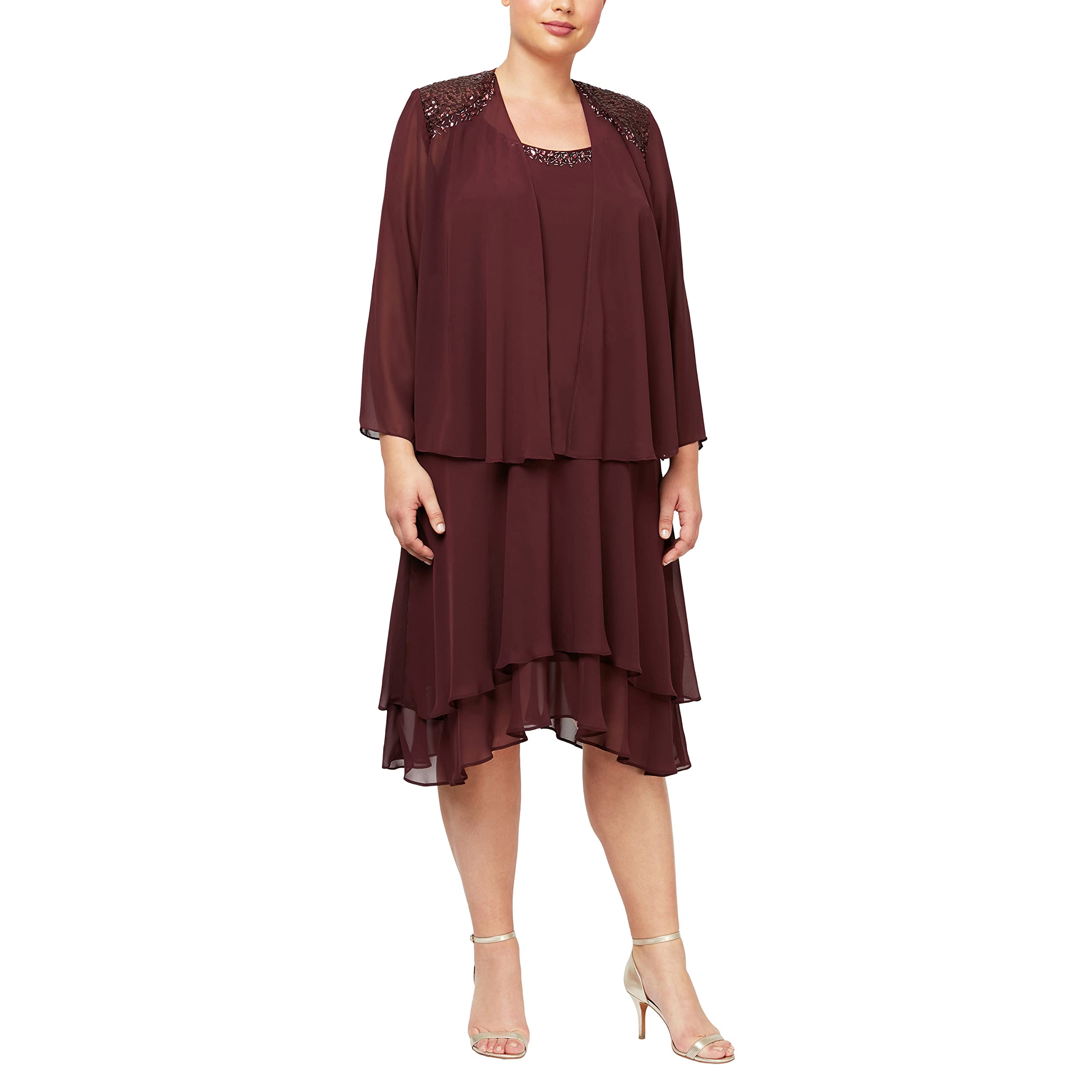 Elegant Plus Size Embellished Tiered Mother of The Bride Dress with Jacket - Women's Formal Gown for Weddings, Special Occasions & Evening Events | S.L. Fashions