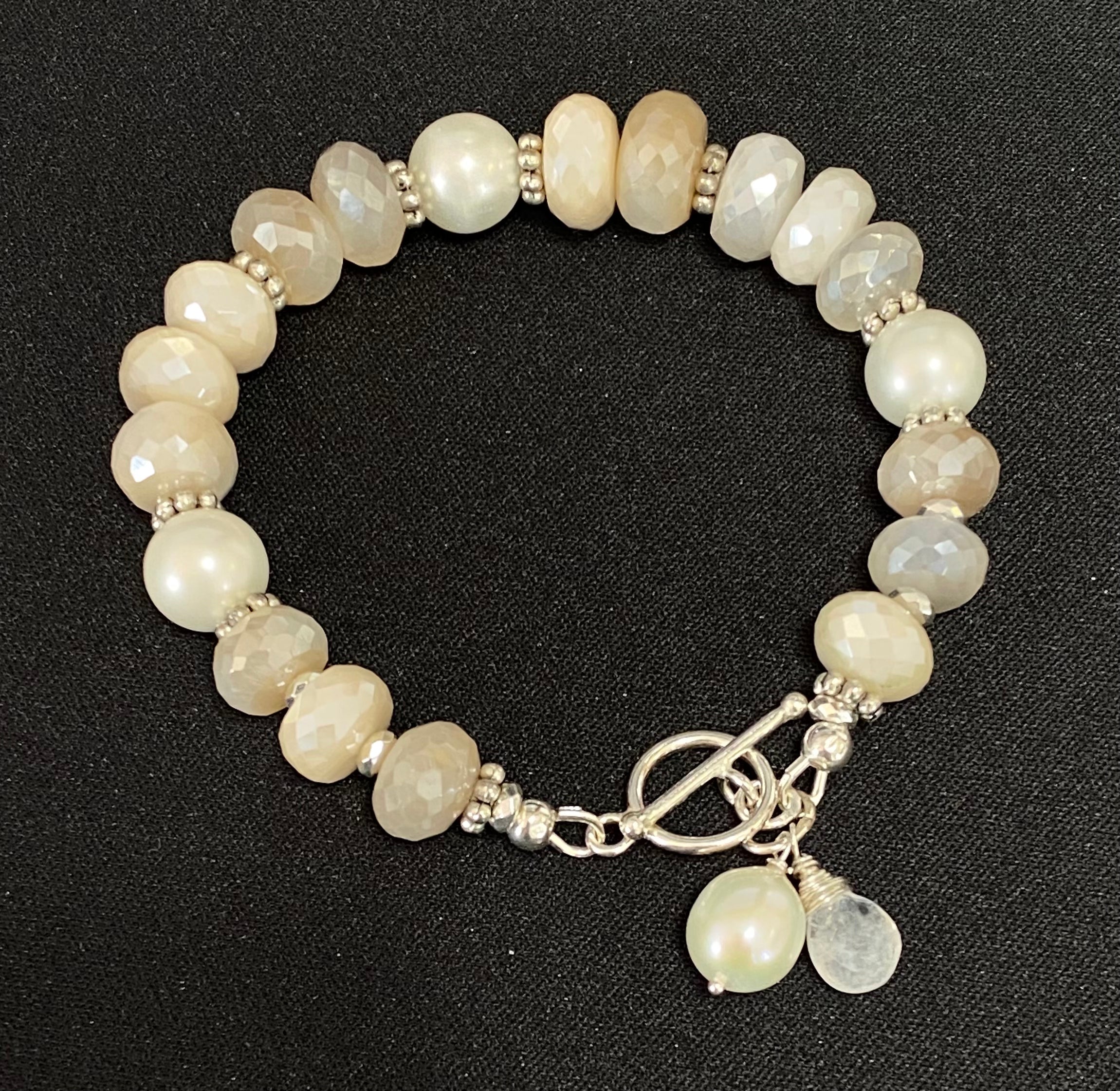 Elegant Mystic Moonstone & Pearl Sterling Silver Layering Bracelet for Women | Boho Chic Stackable Jewelry | Perfect for Everyday Wear, Gift Giving & Special Occasions