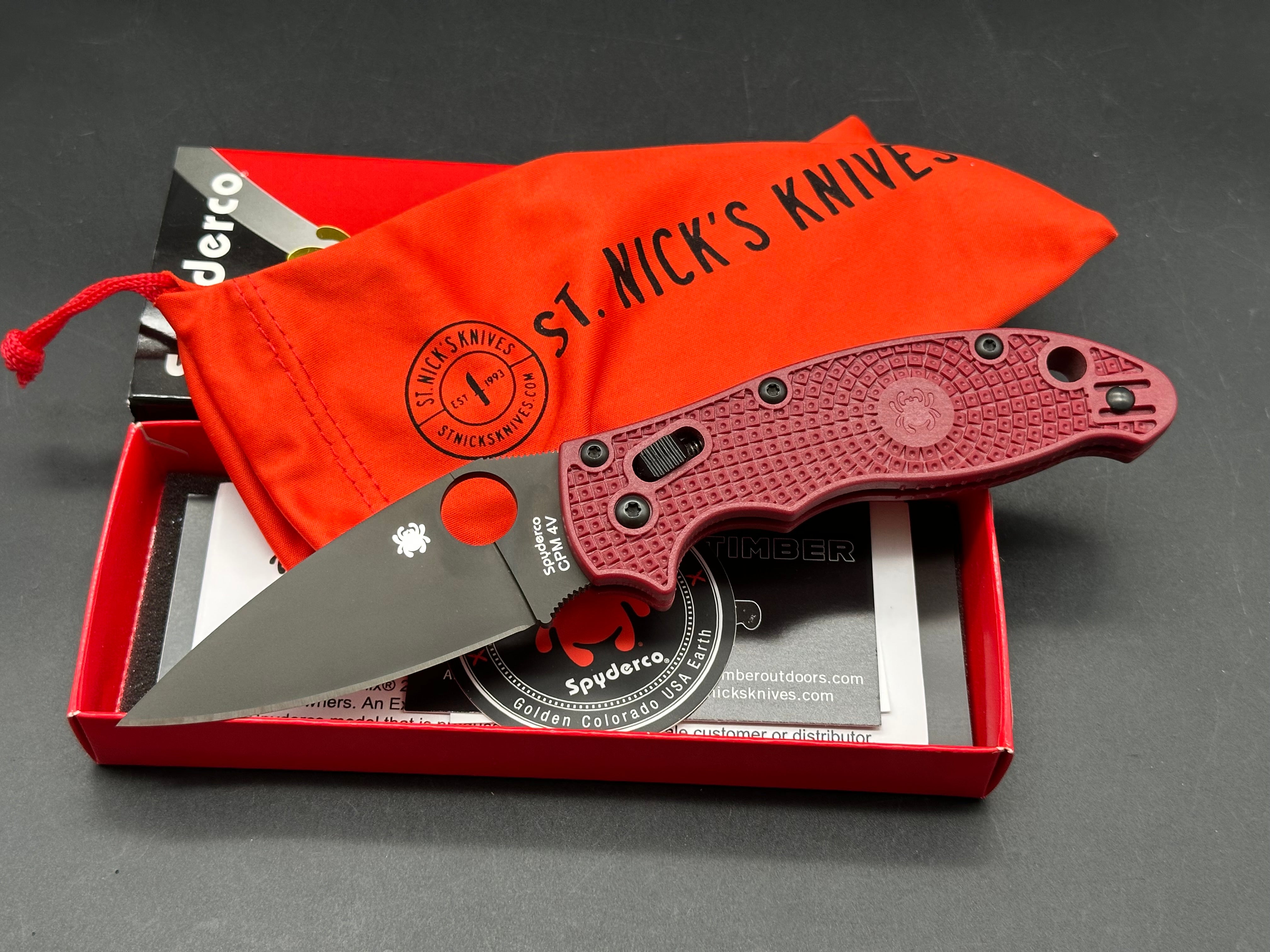 Spyderco Manix 2 Lightweight Folding Knife - St. Nick's Knives Exclusive 4V Black DLC Blade with Red FRN Handle (3.37