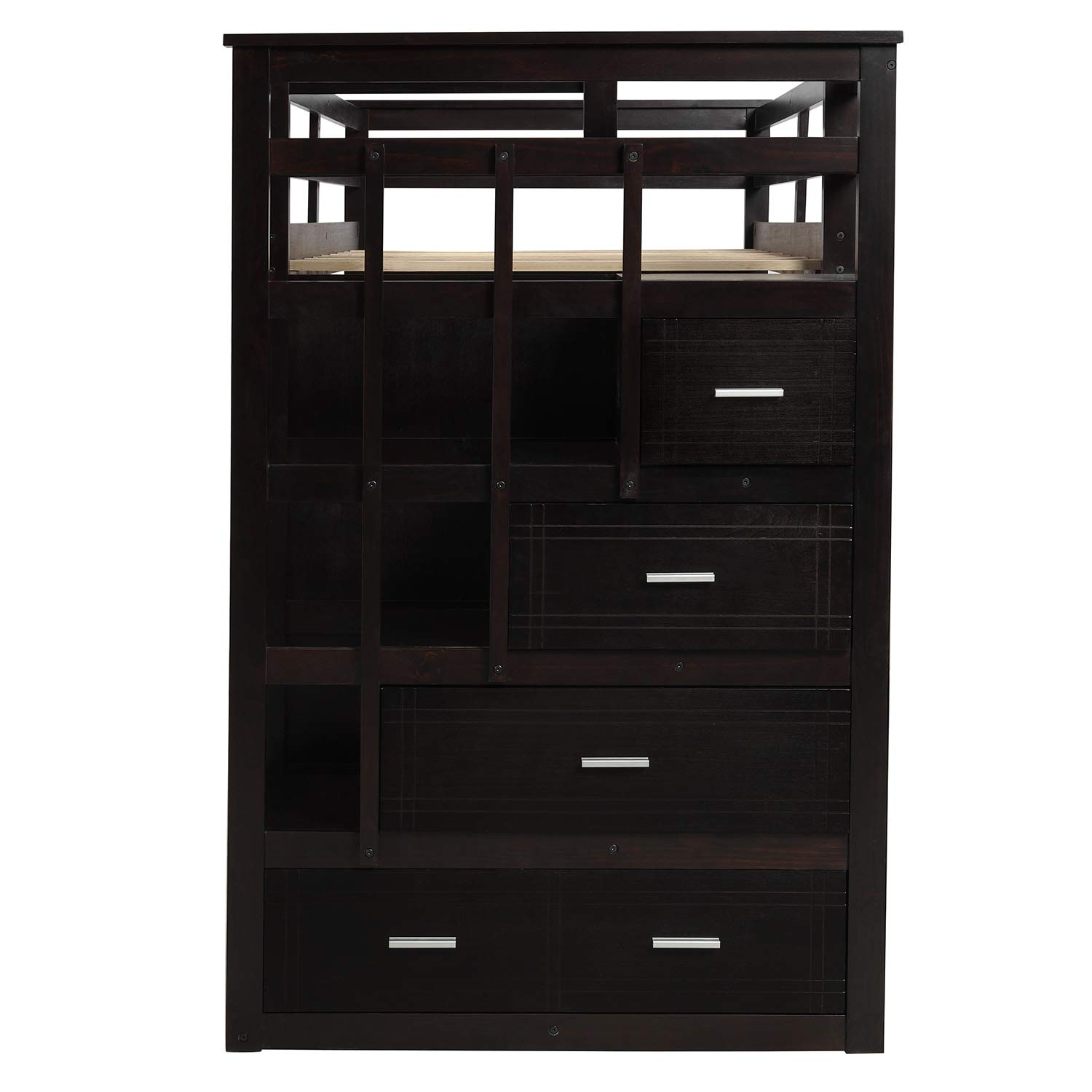 **Twin Over Twin Bunk Bed for Kids - Solid Wood Bunk Bed Frame with Trundle, Staircase, 4 Storage Drawers & Guardrails - No Box Spring Needed (Espresso + Trundle + Twin) - Perfect for Small Bedrooms, Guest Rooms & Kids' Shared Spaces**