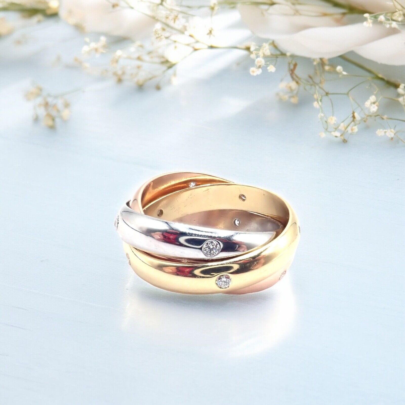 Authentic Cartier 18k Tri-Color Gold Diamond Trinity Band Ring - Size 5.75 with Certification - Perfect for Anniversary Gifts, Luxury Jewelry Collection & Special Occasions