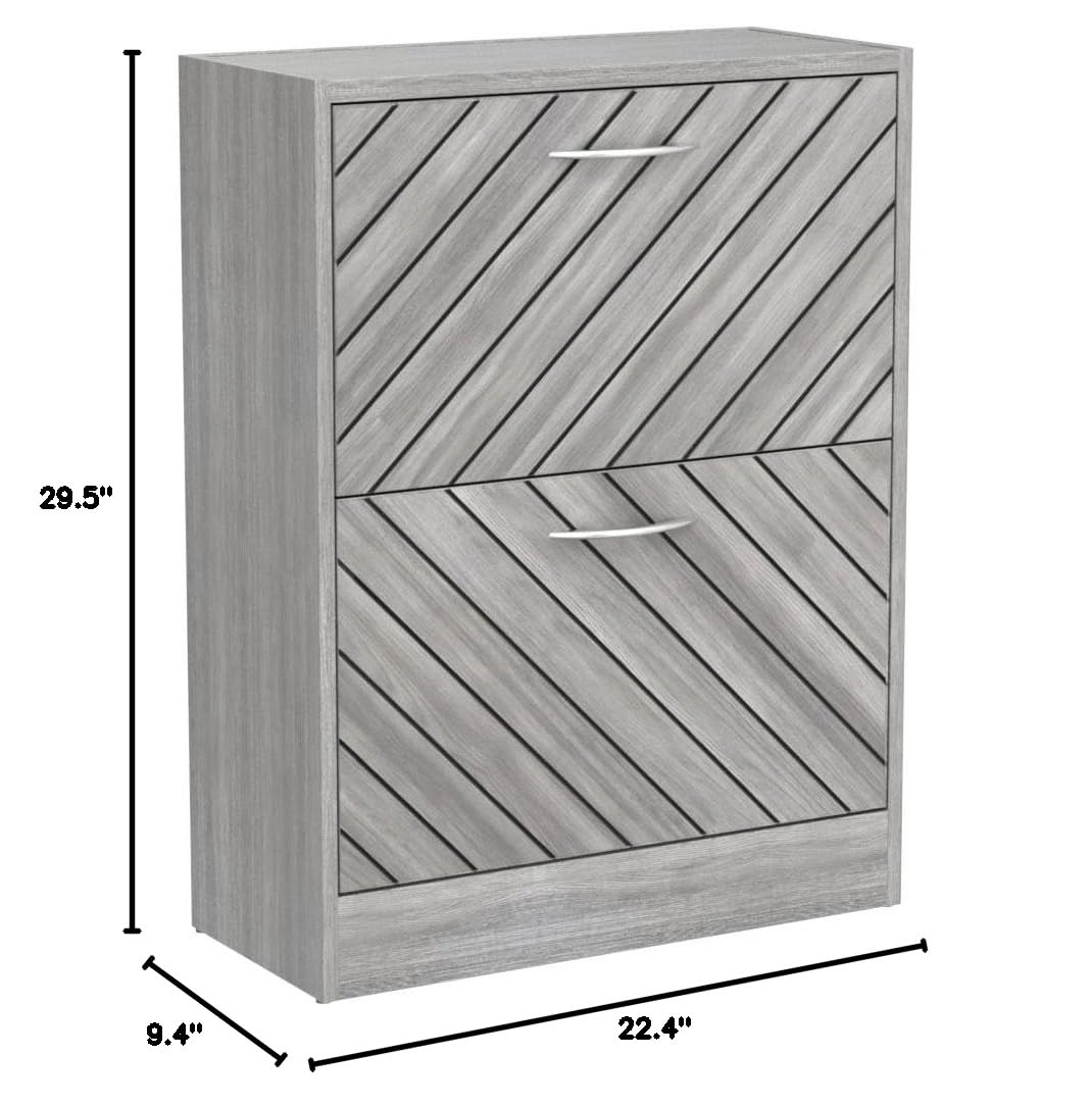 Homsee Modern Shoe Storage Cabinet with 2 Flip Drawers & Twill Louver Doors - 2-Tier Wooden Shoe Rack Organizer for Entryway, Hallway, Bedroom - Space-Saving Grey Shoe Cabinet (22.4”L x 9.4”W x 29.5”H) - Perfect for Small Apartments & Closet Organization